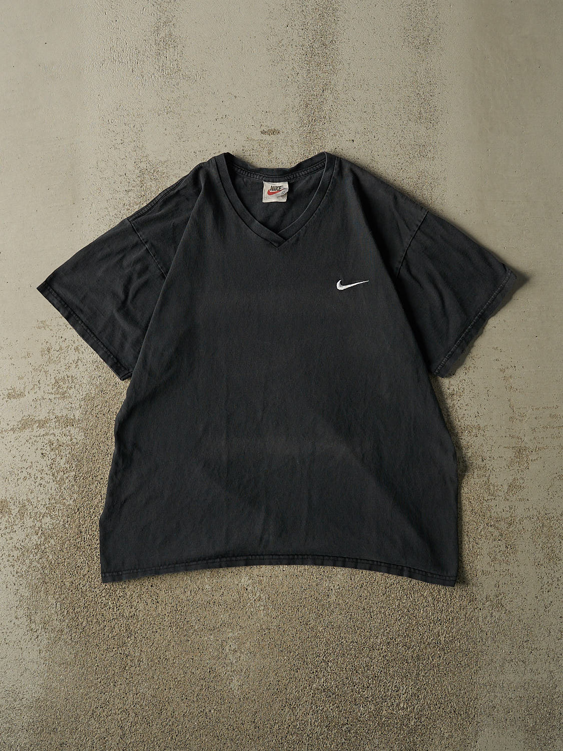Vintage 90s Faded Black Nike Embroidered V-Neck Tee (M/L)