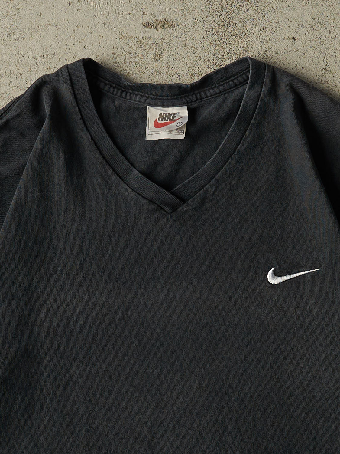Vintage 90s Faded Black Nike Embroidered V-Neck Tee (M/L)