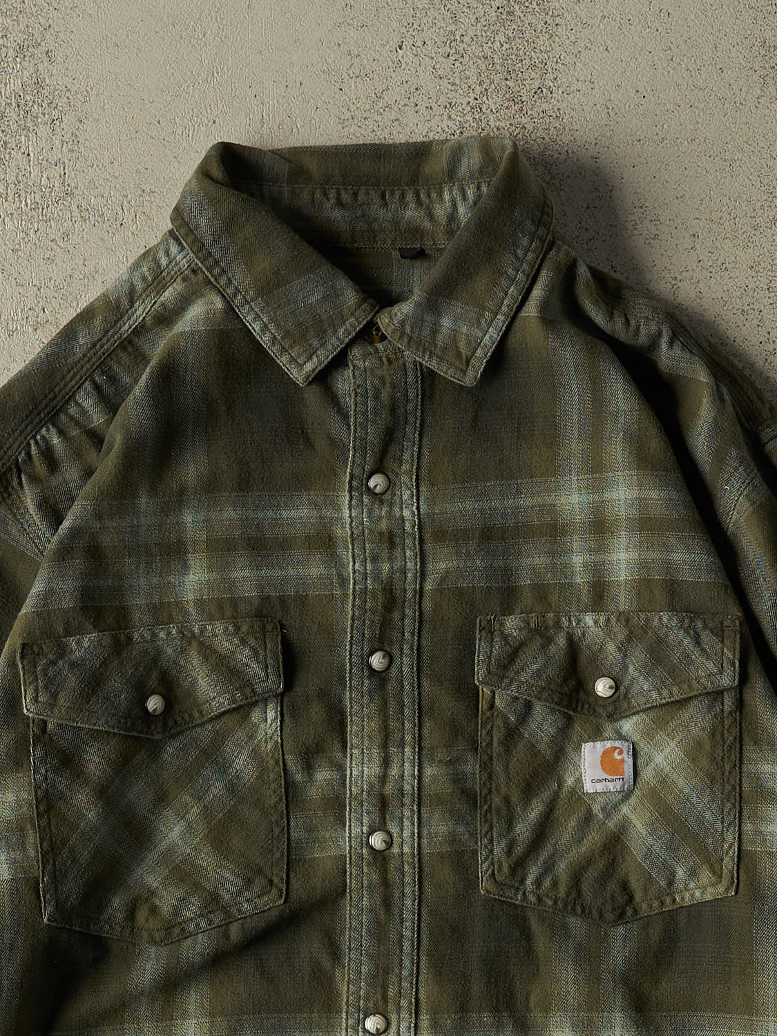 Vintage Y2K Green Carhartt Plaid Button Up Long Sleeve (XL)