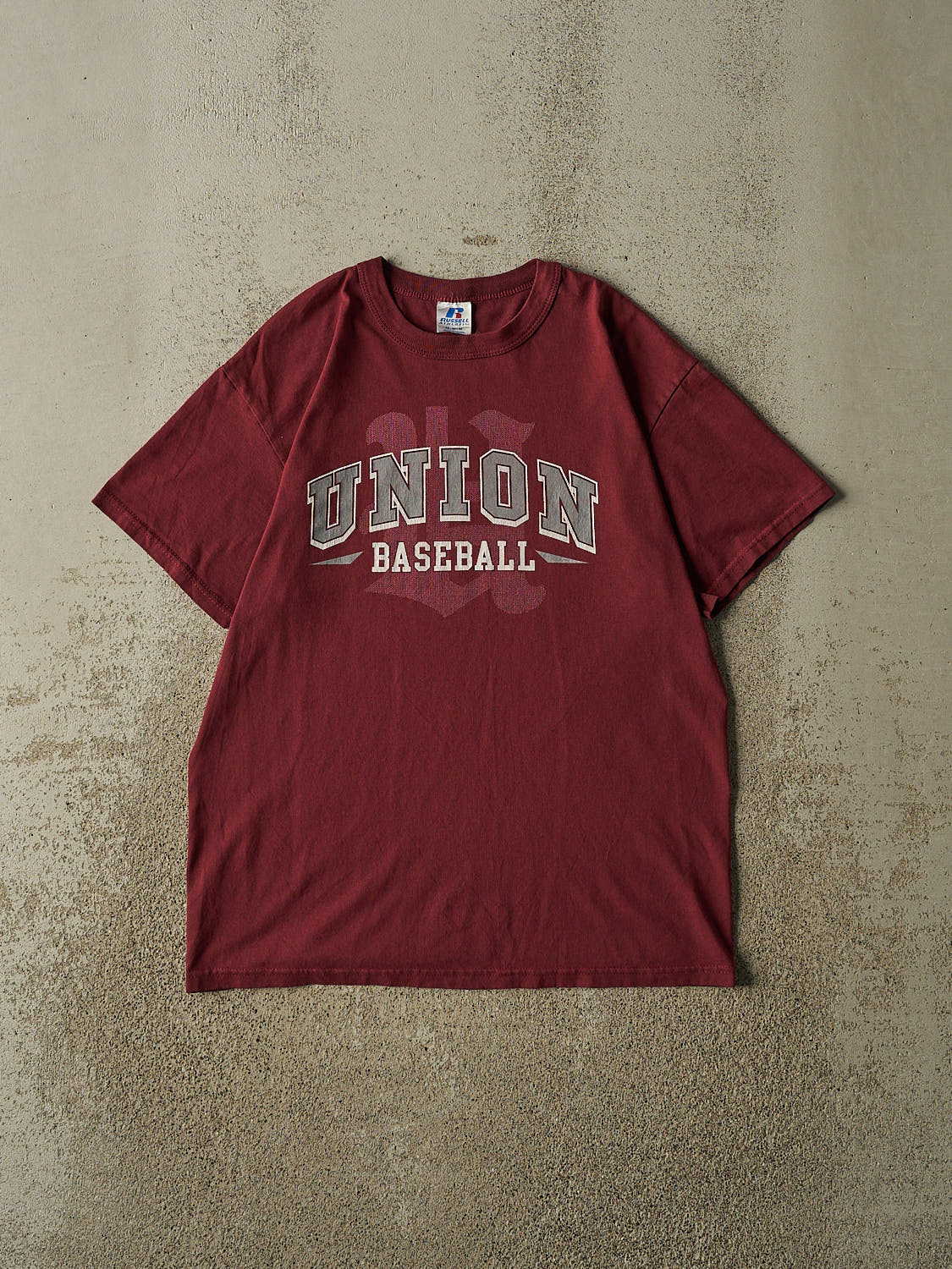 Vintage Y2K Burgundy Russell Athletic Union Baseball Tee (S/M)