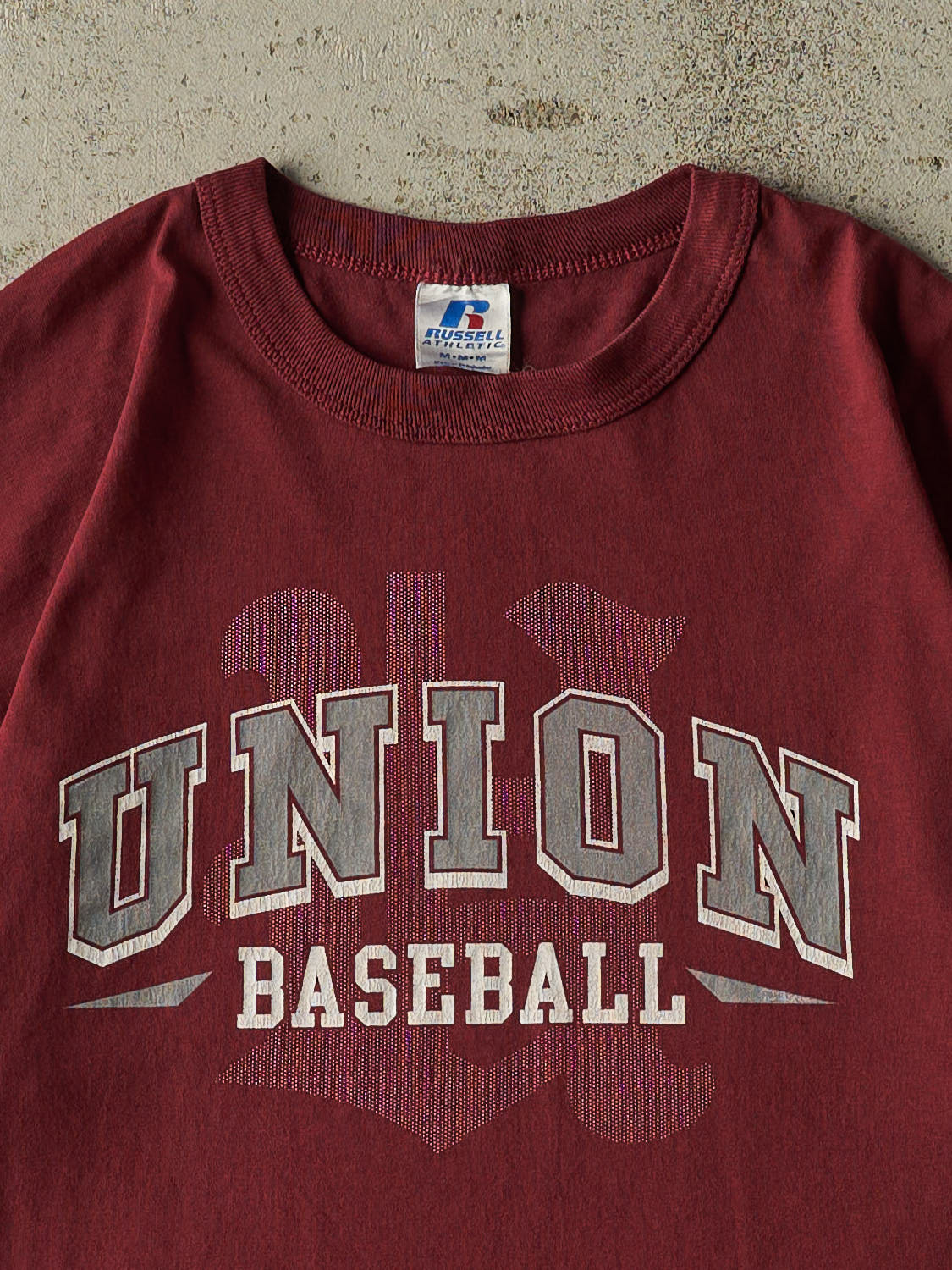 Vintage Y2K Burgundy Russell Athletic Union Baseball Tee (S/M)