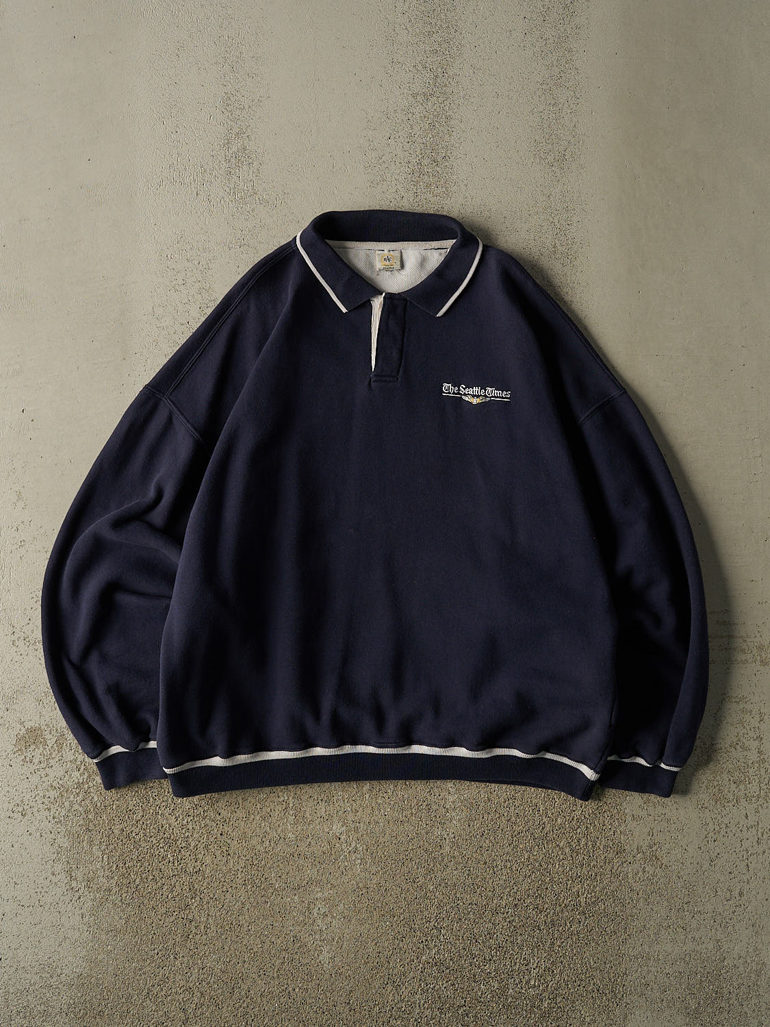 Vintage 90s Navy Blue The Seattle Times Embroidered Quarter Button Sweater (XL/XXL)