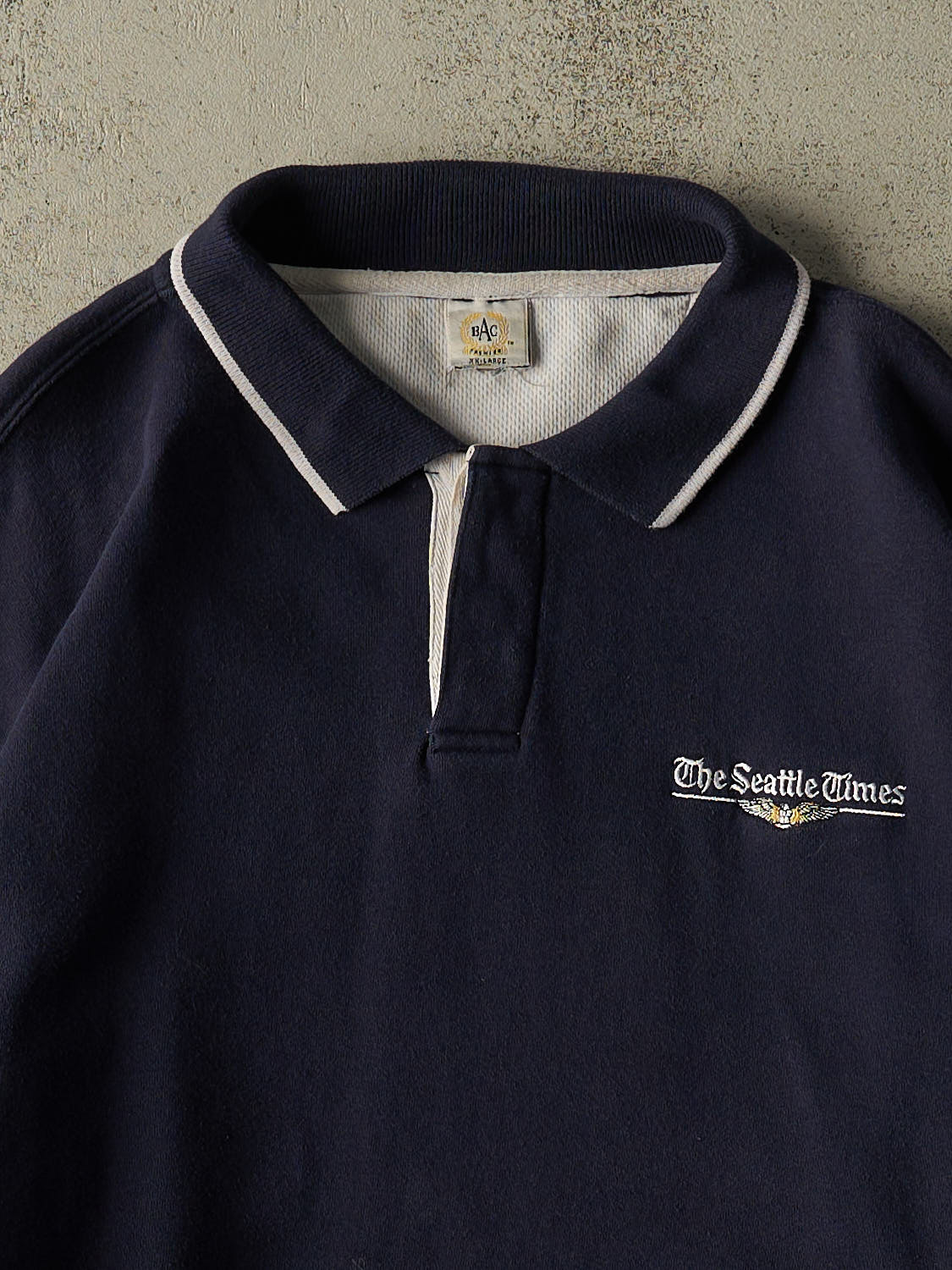Vintage 90s Navy Blue The Seattle Times Embroidered Quarter Button Sweater (XL/XXL)
