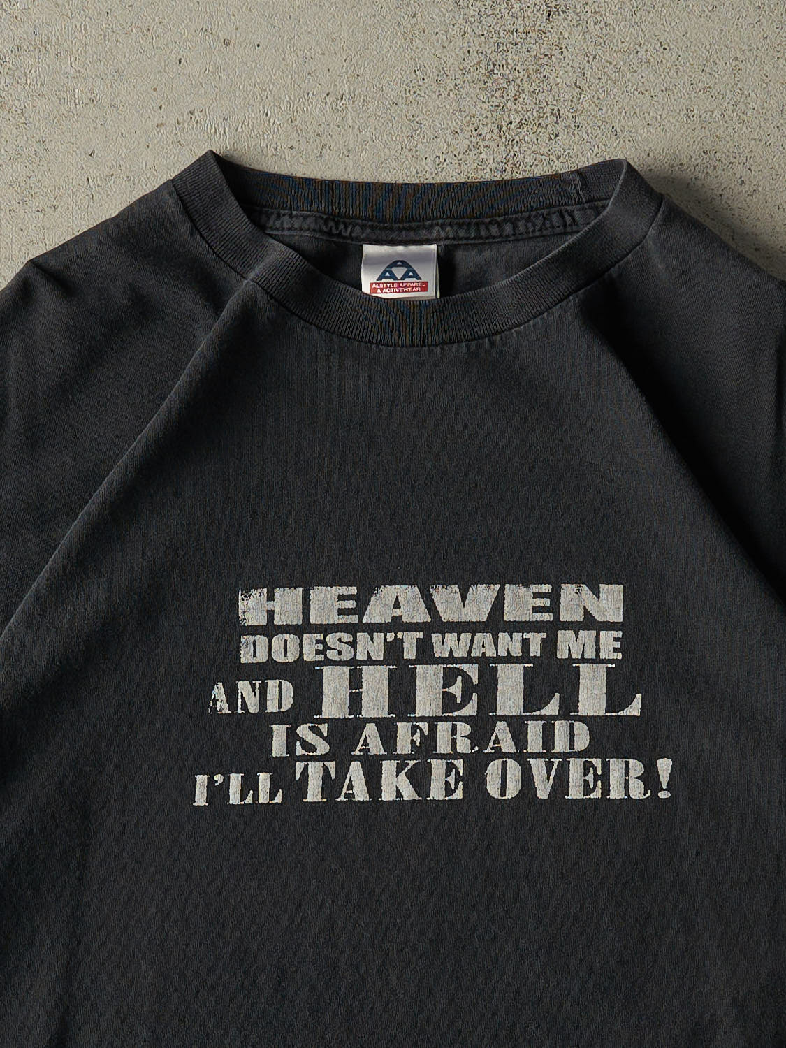 Vintage Y2K Faded Black "Heaven Doesn't Want Me" Slogan Tee (L)