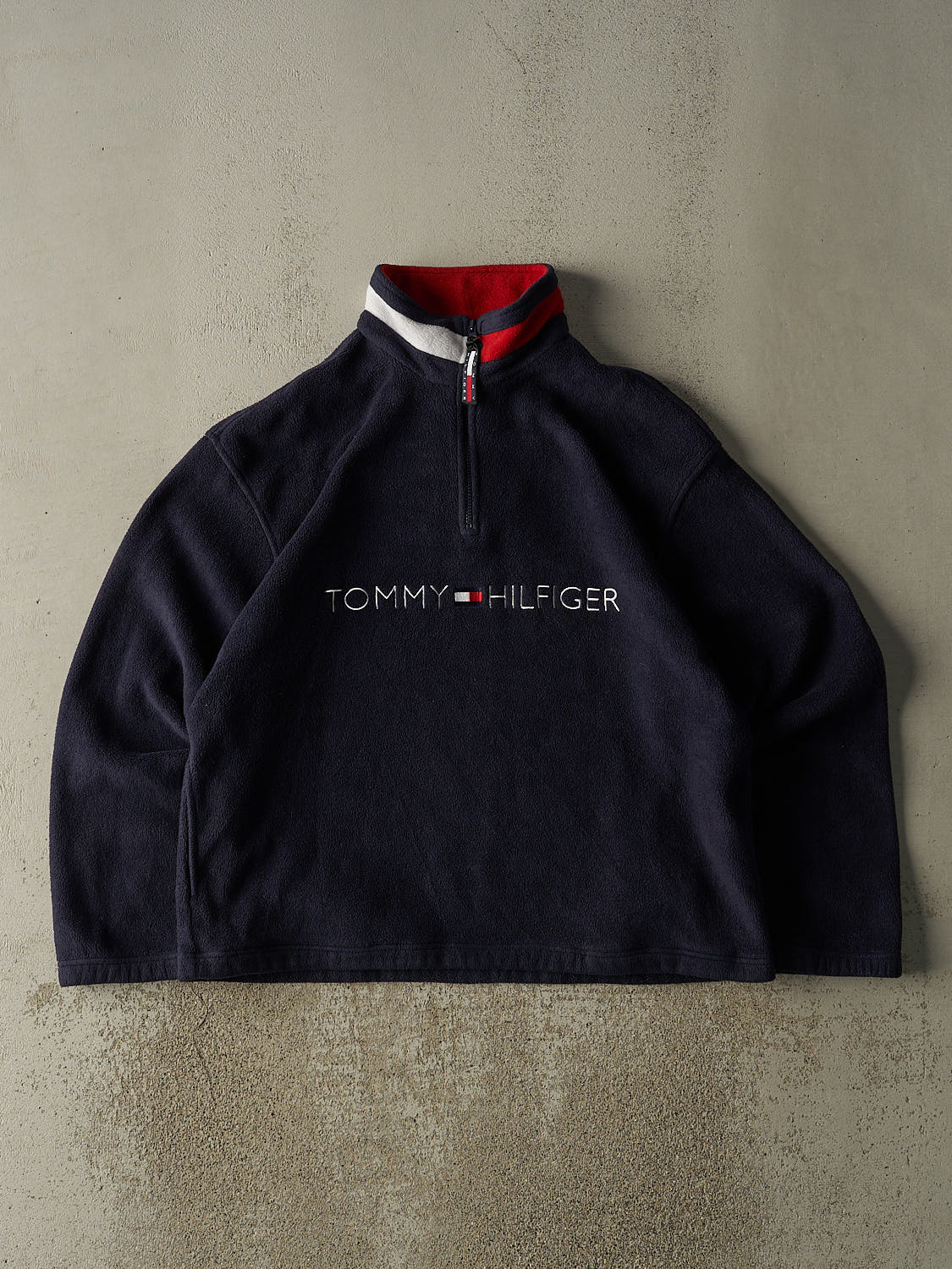 Vintage 90s Navy Blue Tommy Hilfiger Embroidered Quarter Zip Fleece (XL)