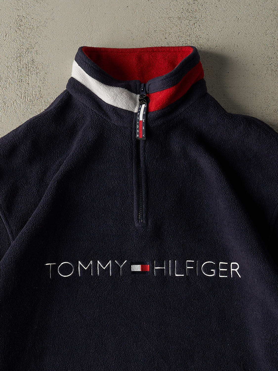 Vintage 90s Navy Blue Tommy Hilfiger Embroidered Quarter Zip Fleece (XL)