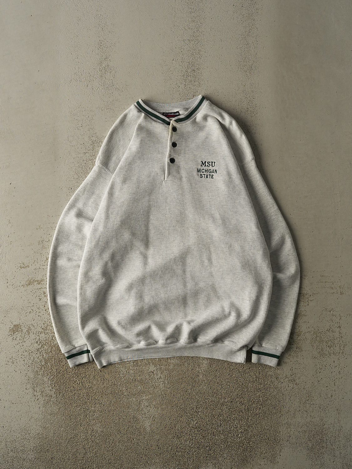 Vintage 90s Heather Grey Michigan State University Embroidered Quarter Button Sweatshirt (XL)