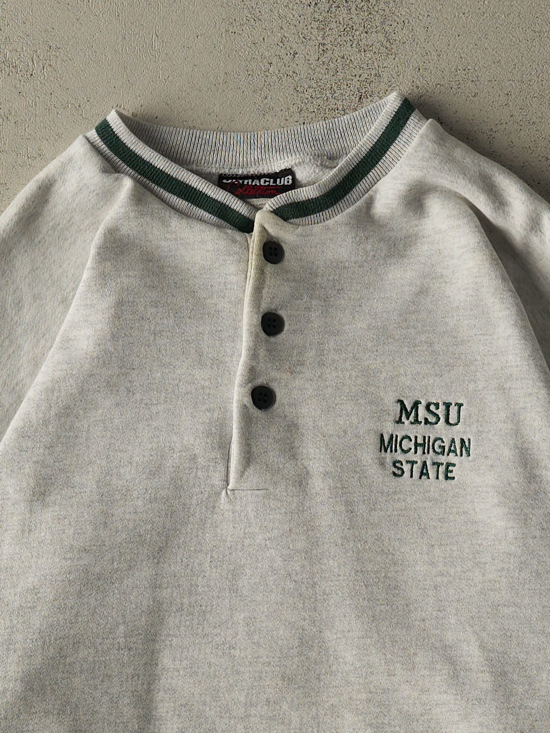 Vintage 90s Heather Grey Michigan State University Embroidered Quarter Button Sweatshirt (XL)