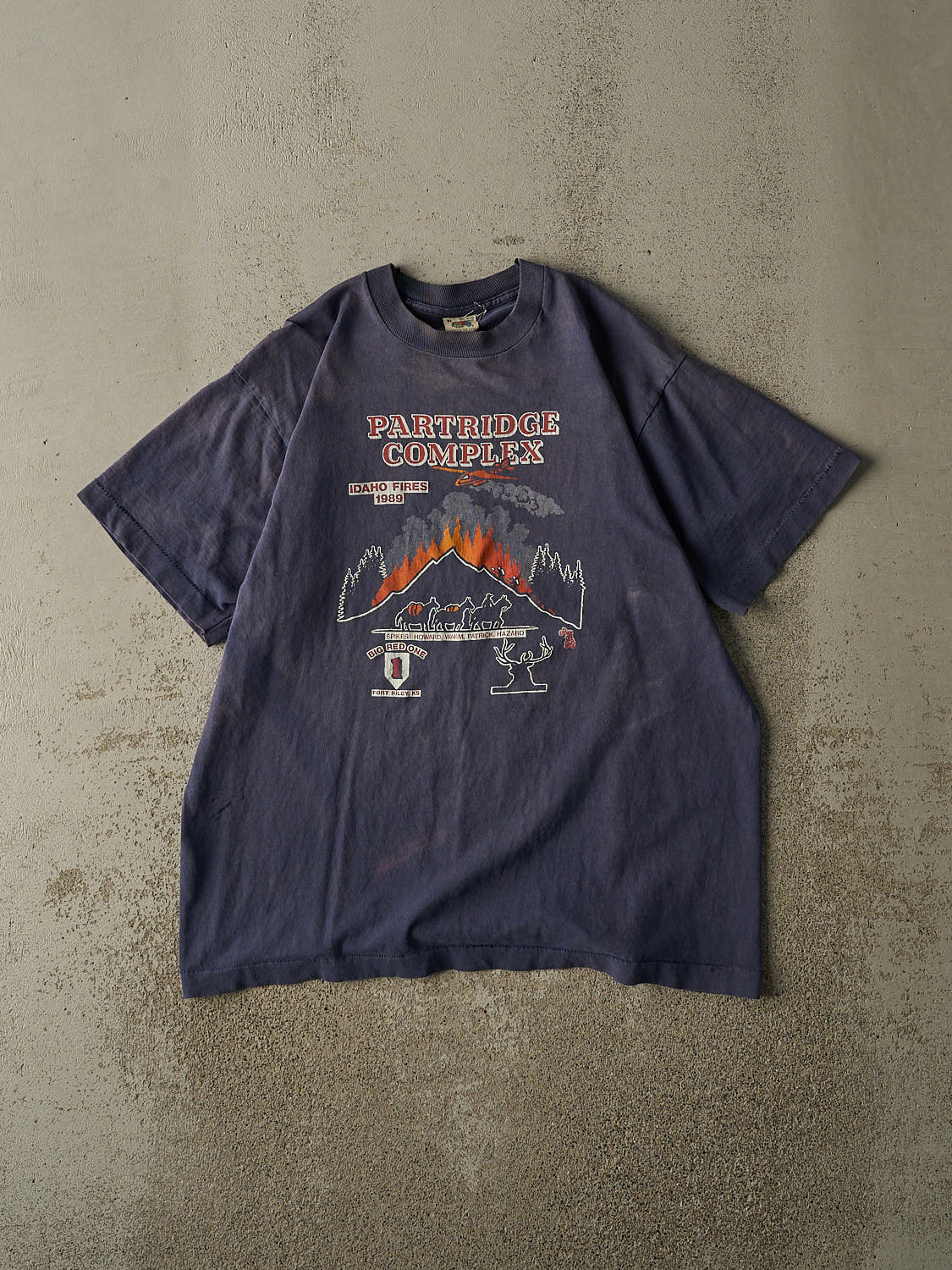 Vintage 89' Sun Faded Navy Partridge Complex Idaho Fires Tee (L)