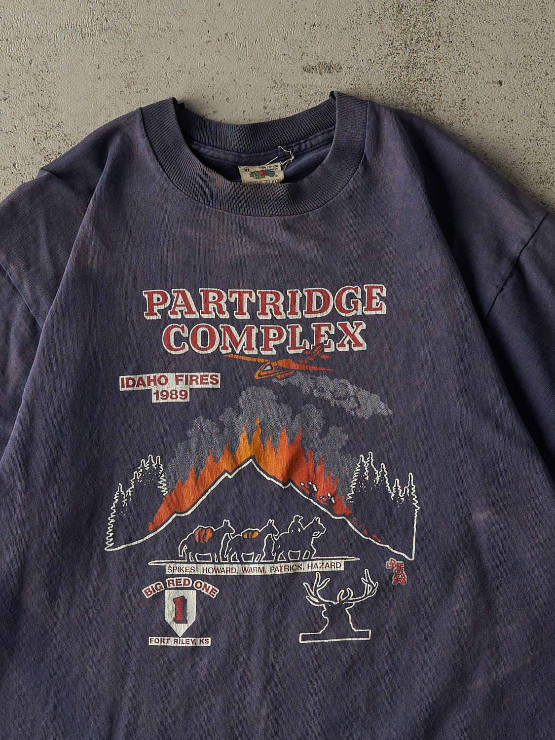 Vintage 89' Sun Faded Navy Partridge Complex Idaho Fires Tee (L)