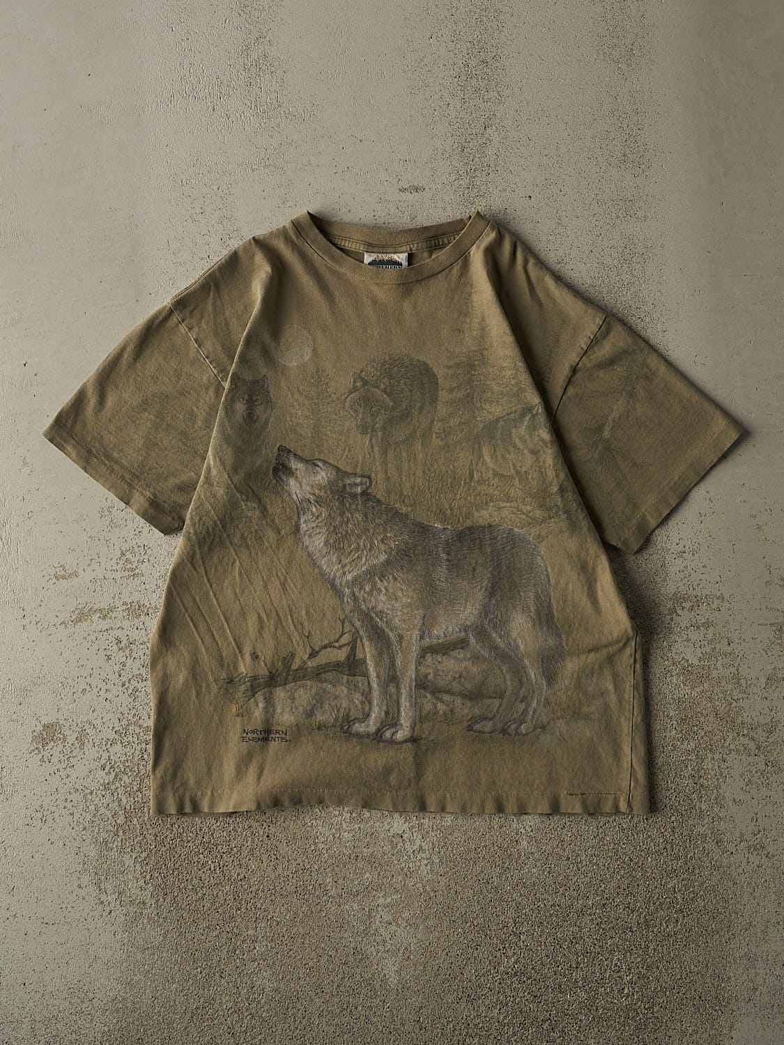 Vintage 90s Sun Faded Green Northern Elements Wolf Tee (L)
