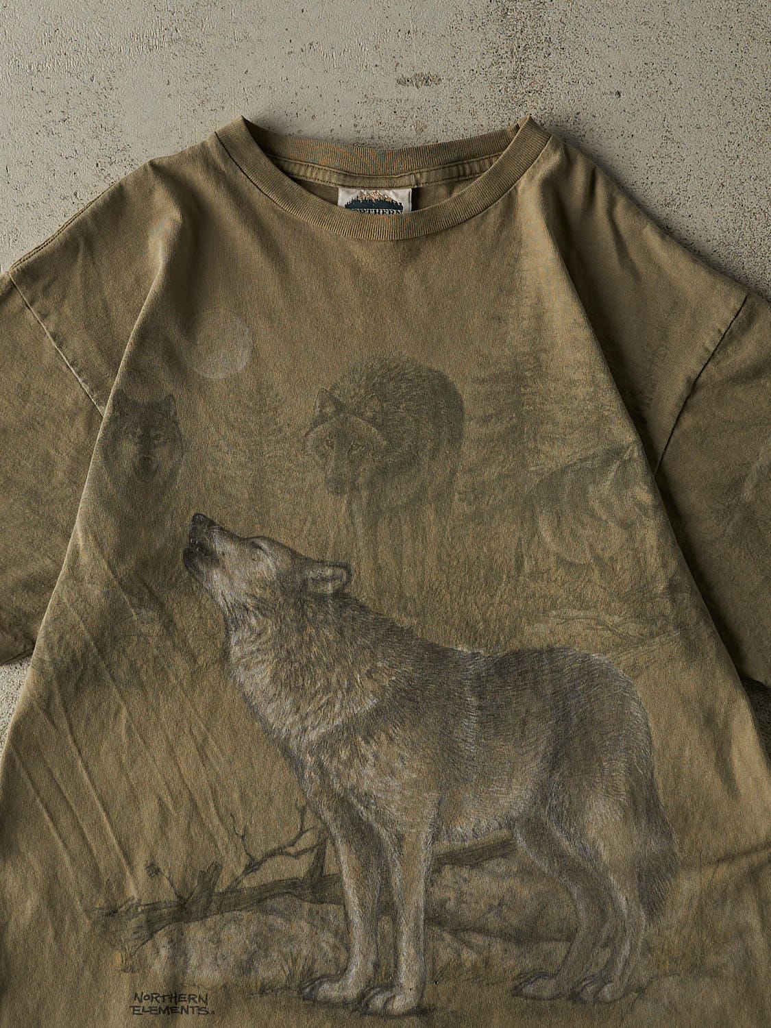 Vintage 90s Sun Faded Green Northern Elements Wolf Tee (L)