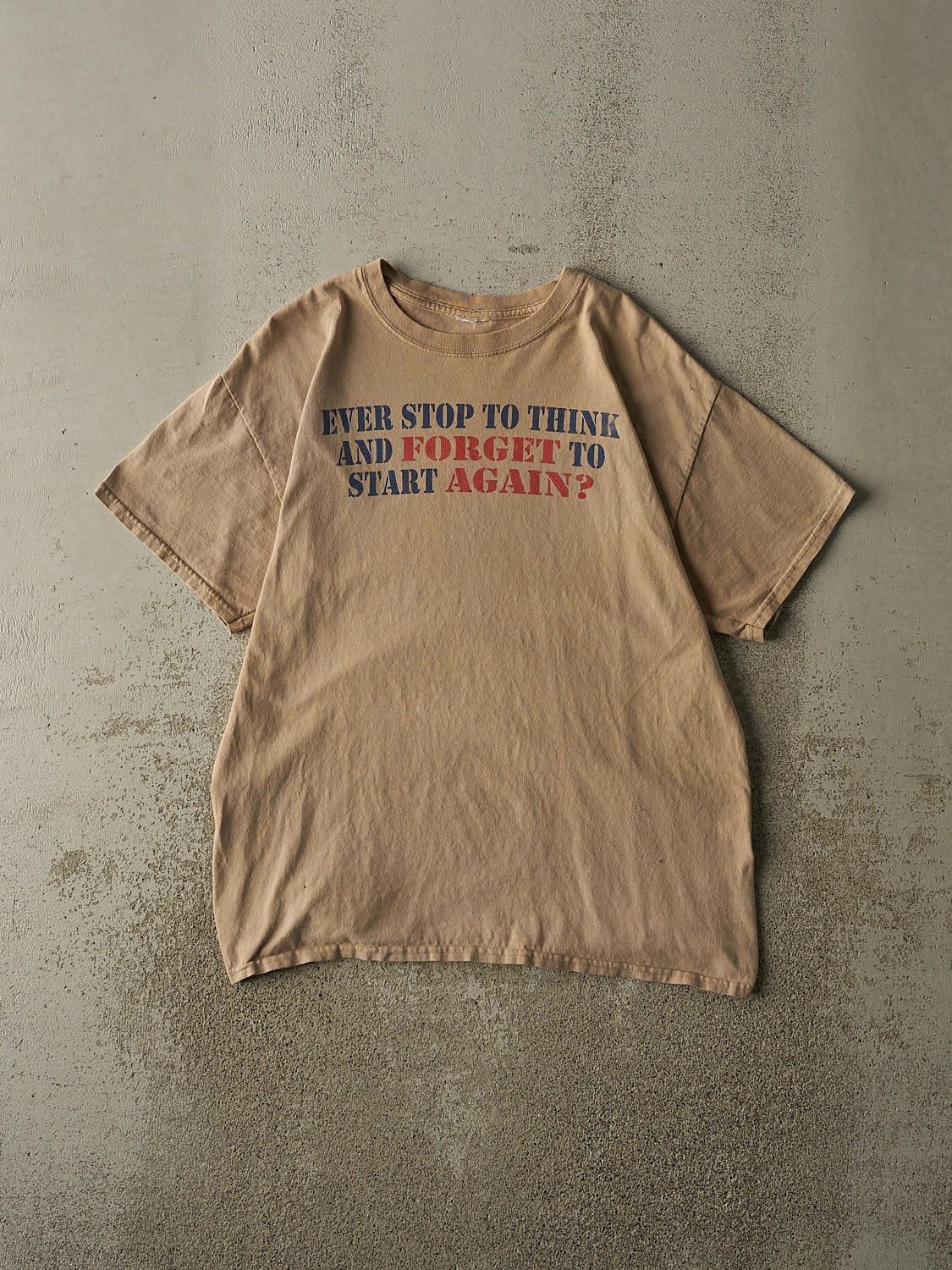 Vintage 90s Beige "Stop To Think" Slogan Tee (M/L)