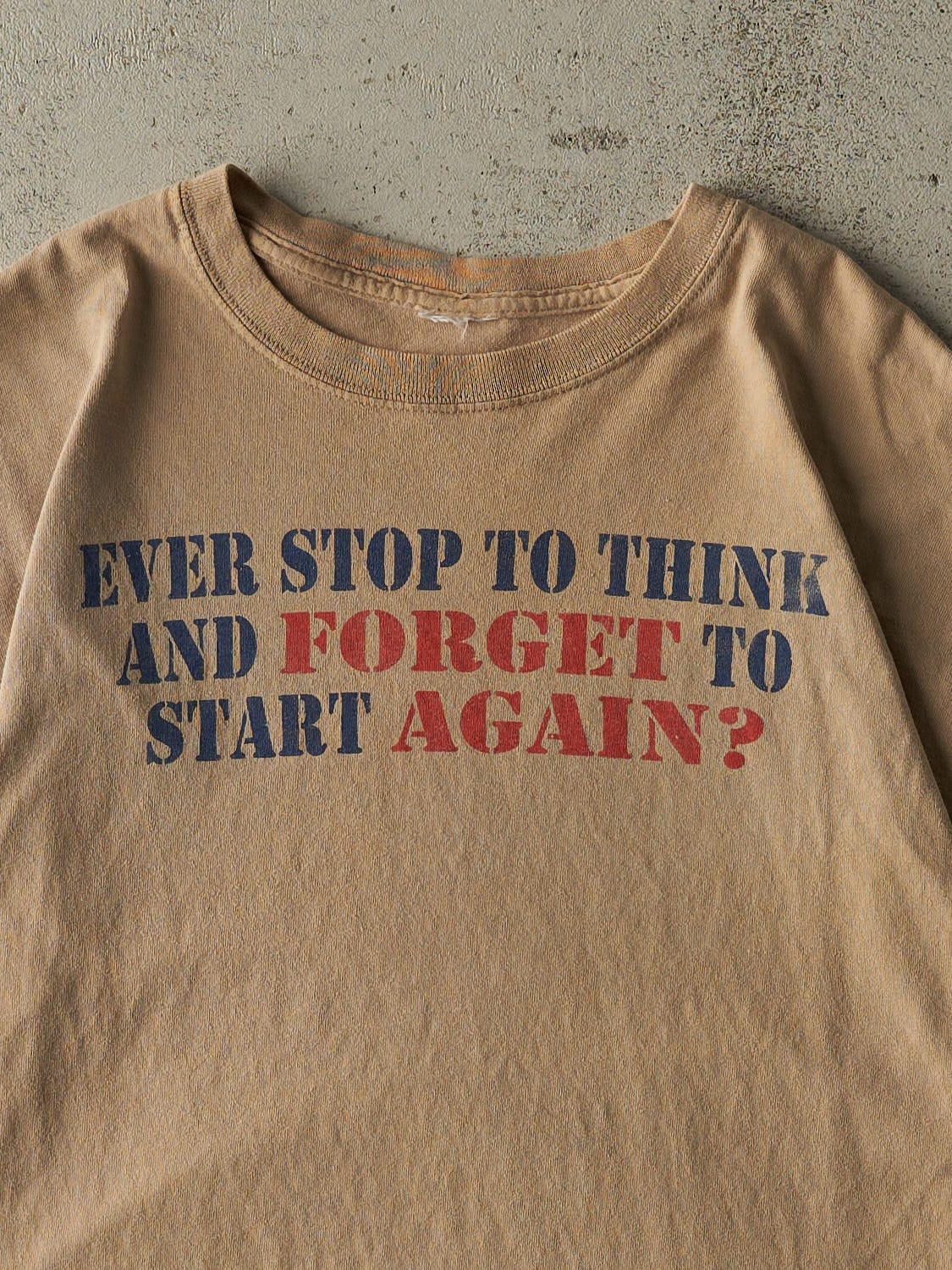 Vintage 90s Beige "Stop To Think" Slogan Tee (M/L)
