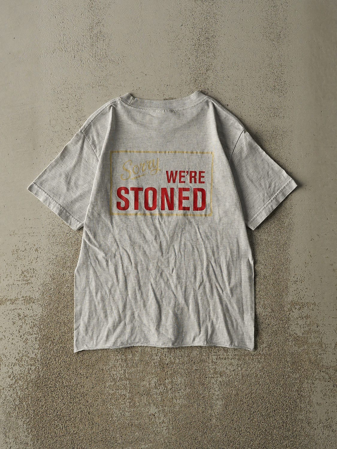 Vintage Y2K Heather Grey "Sorry We're Stoned" Slogan Pocket Tee (XXS/XS)