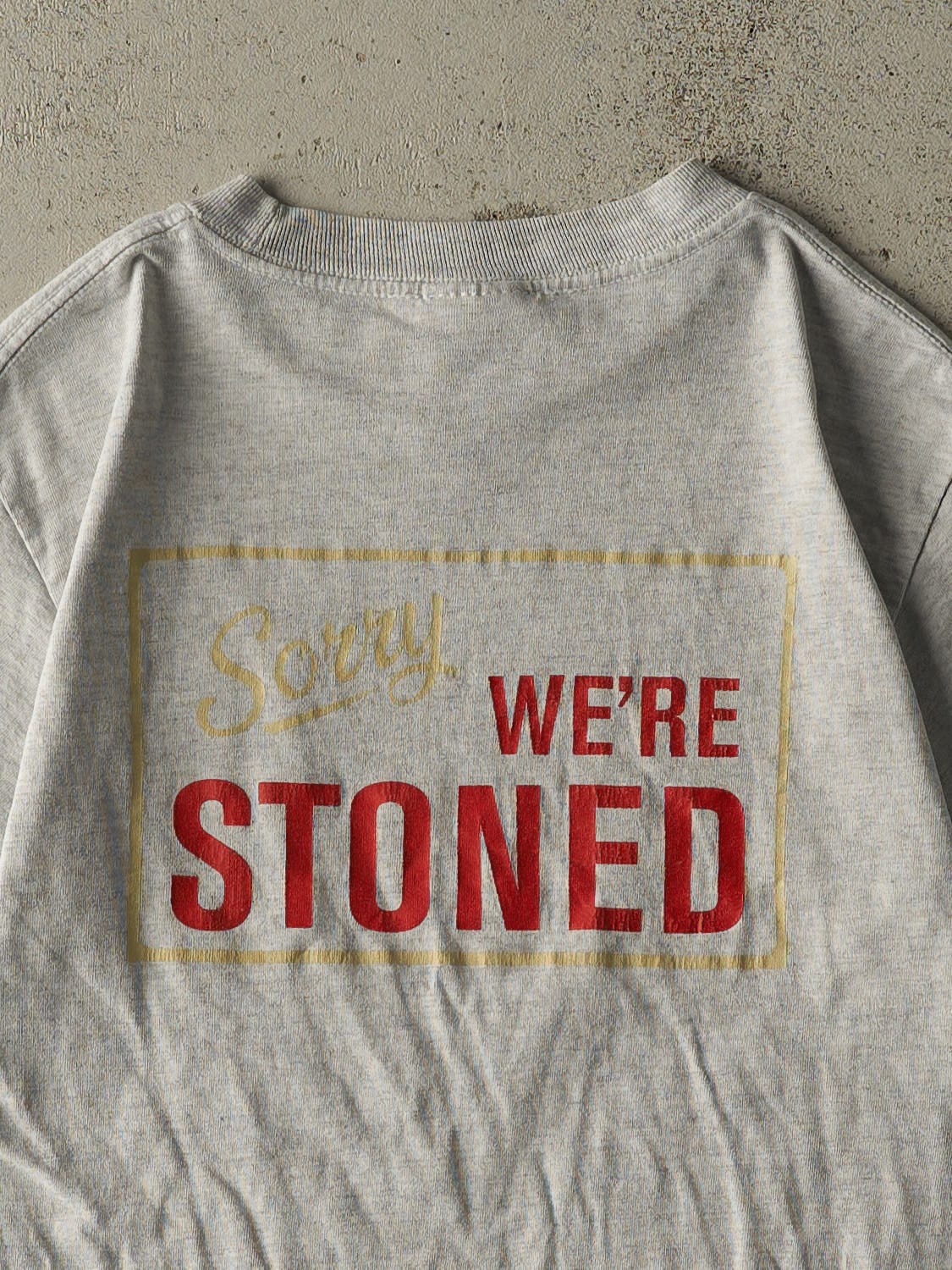 Vintage Y2K Heather Grey "Sorry We're Stoned" Slogan Pocket Tee (XXS/XS)