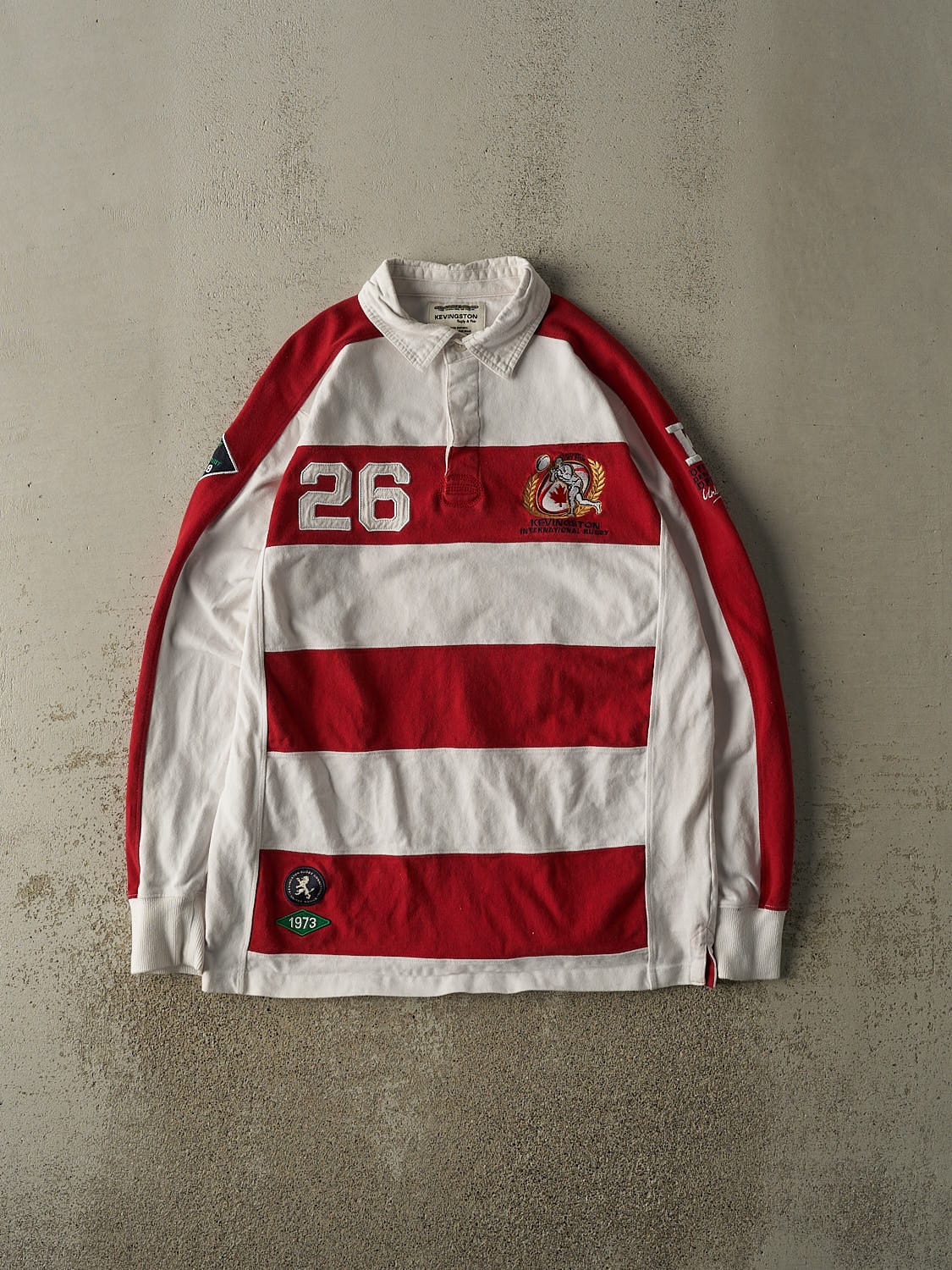 Vintage Y2K White & Red Kevingston Rugby Long Sleeve (L/XL)