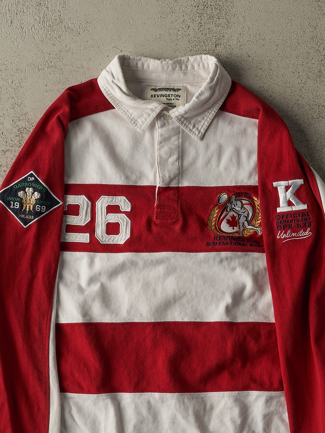 Vintage Y2K White & Red Kevingston Rugby Long Sleeve (L/XL)