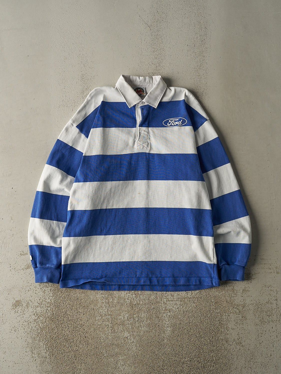 Vintage Y2K Blue & White Ford Embroidered Quarter Button Long Sleeve (L/XL)