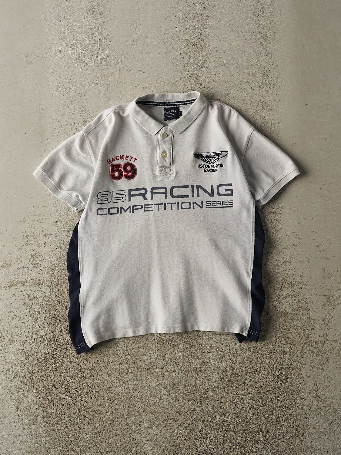 Vintage Y2K White & Navy Aston Martin Racing Quarter Button Tee (S)