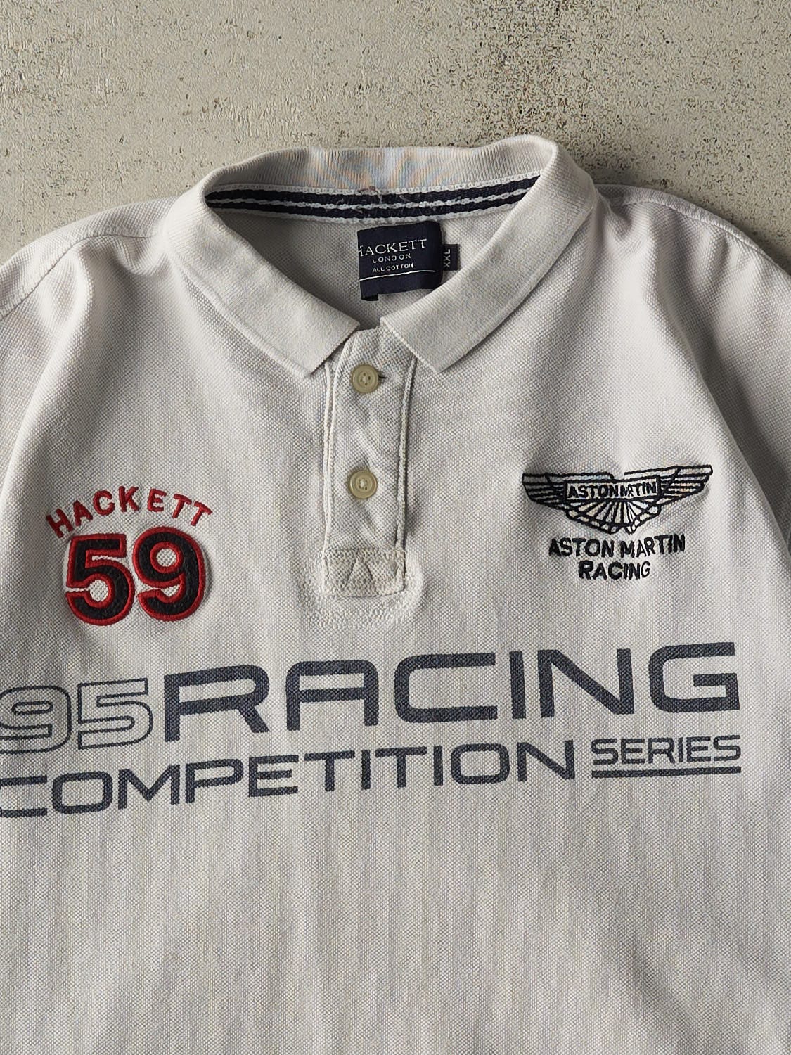 Vintage Y2K White & Navy Aston Martin Racing Quarter Button Tee (S)