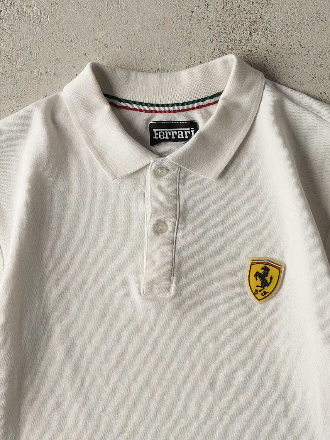 Vintage 90s White Ferrari Embroidered Quarter Button Tee (XS/S)