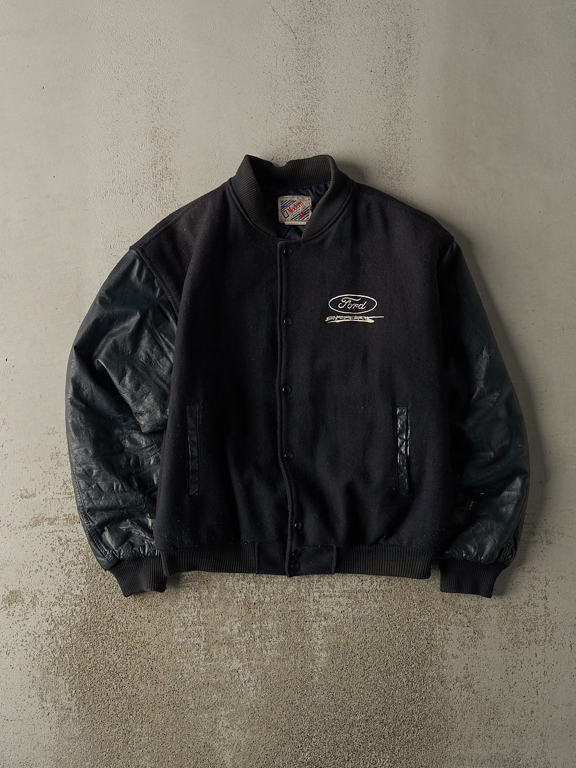 Vintage 90s Navy Blue Ford Enforcer Embroidered Varsity Jacket (XL)