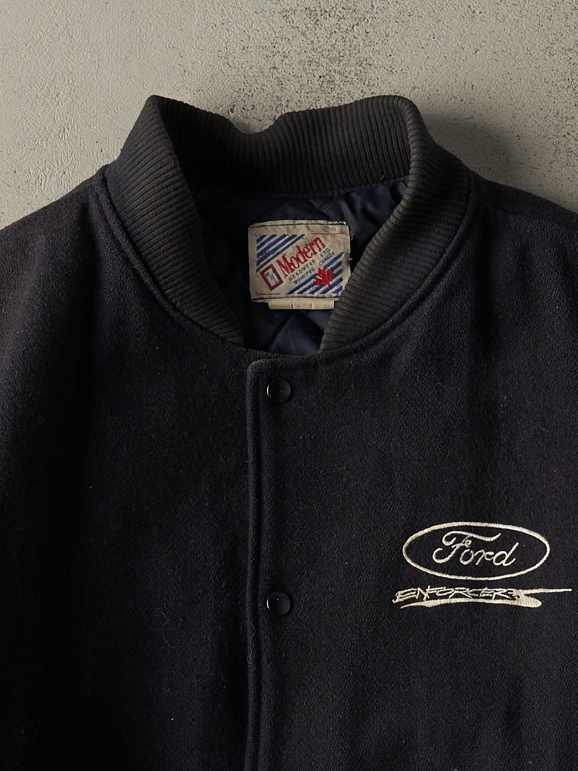 Vintage 90s Navy Blue Ford Enforcer Embroidered Varsity Jacket (XL)