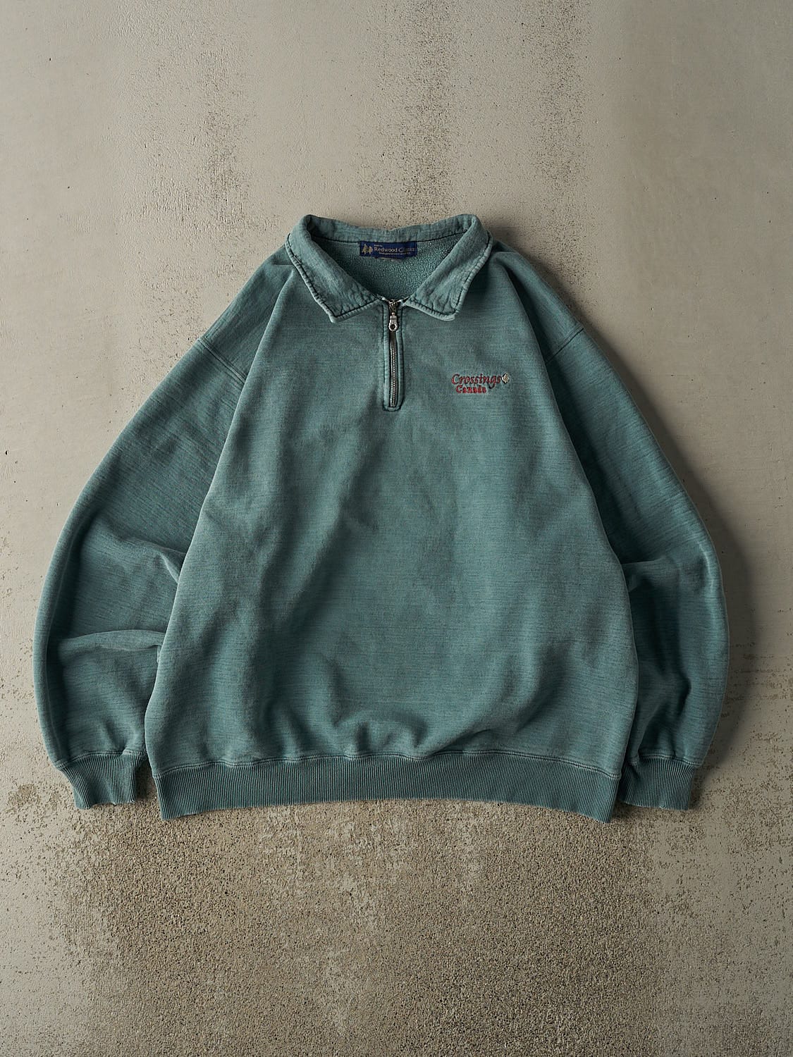 Vintage 90s Washed Green Embroidered Quarter Zip Sweatshirt (XL)
