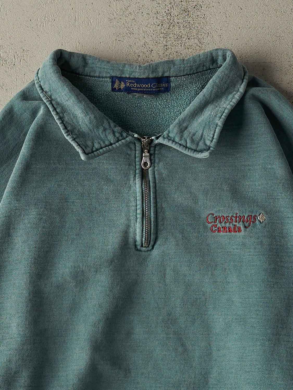 Vintage 90s Washed Green Embroidered Quarter Zip Sweatshirt (XL)