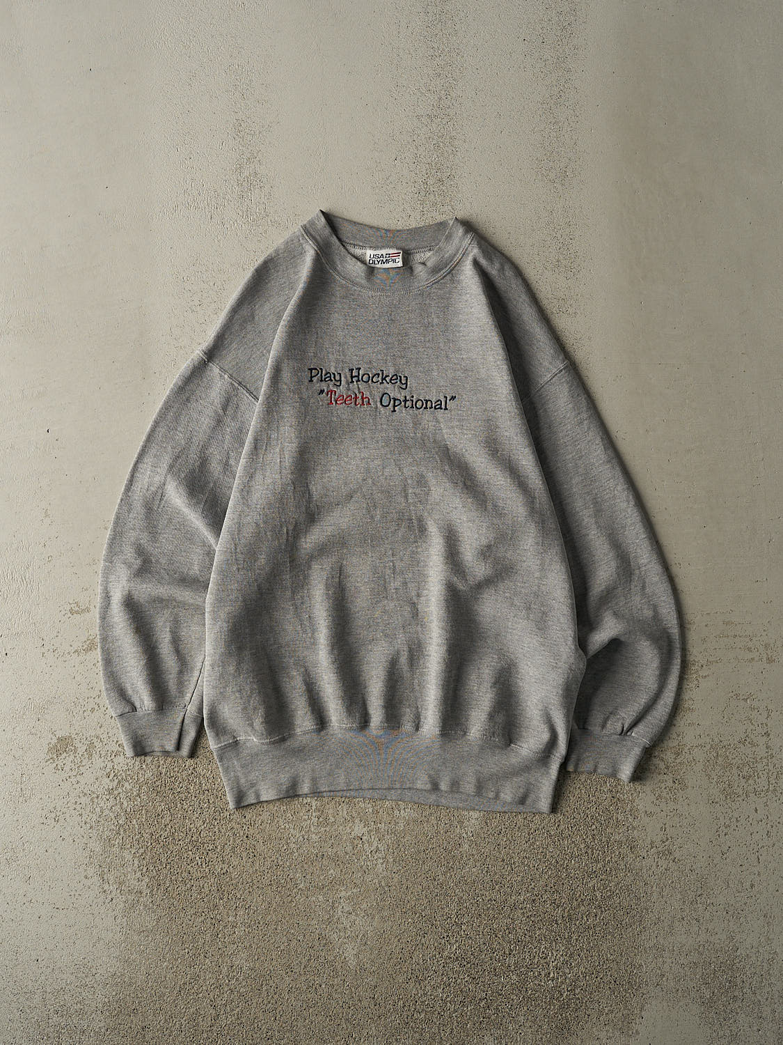 Vintage 90s Grey "Play Hockey, Teeth Optional" Slogan Crewneck (L/XL)