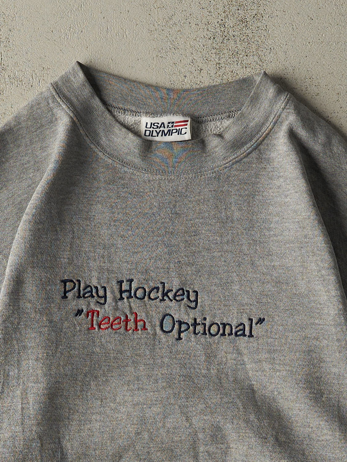 Vintage 90s Grey "Play Hockey, Teeth Optional" Slogan Crewneck (L/XL)