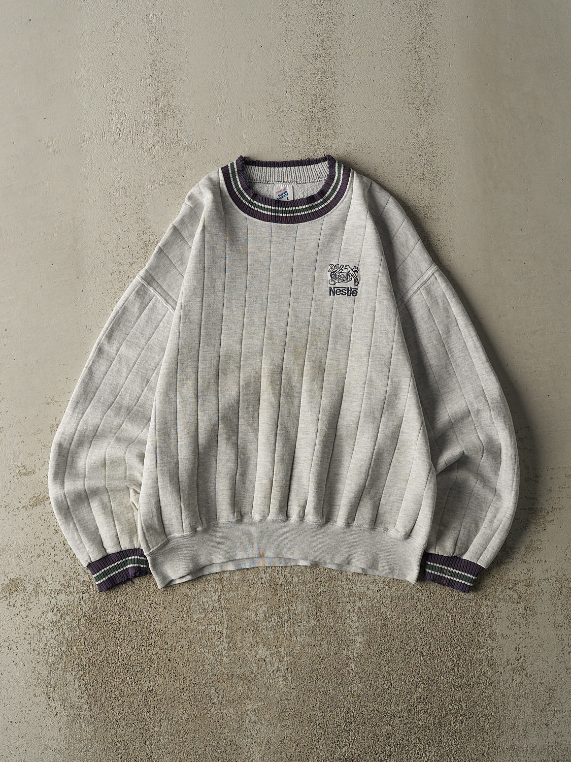 Vintage 80s Heather Grey Nestle Embroidered Ribbed Crewneck (M)