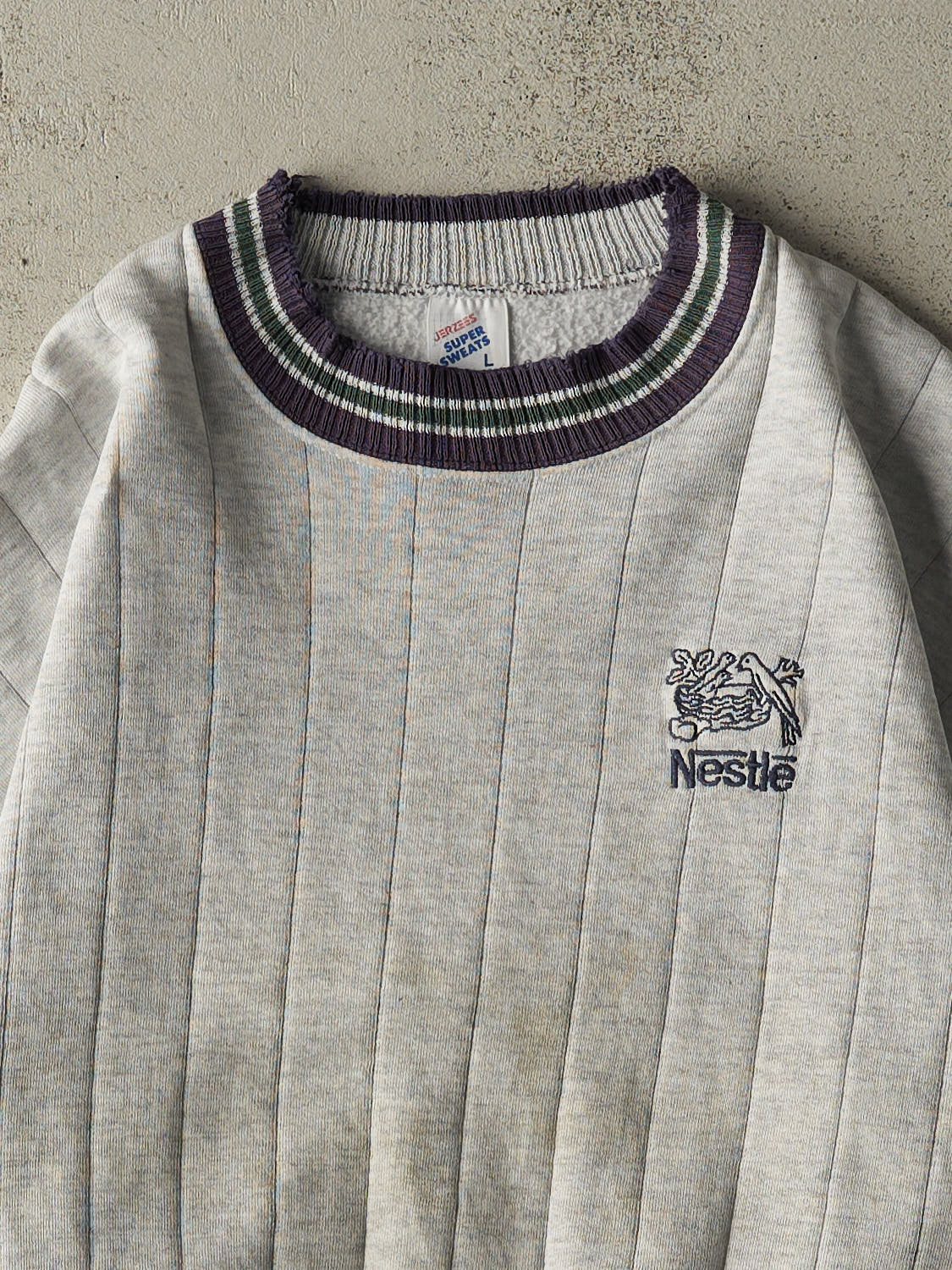 Vintage 80s Heather Grey Nestle Embroidered Ribbed Crewneck (M)