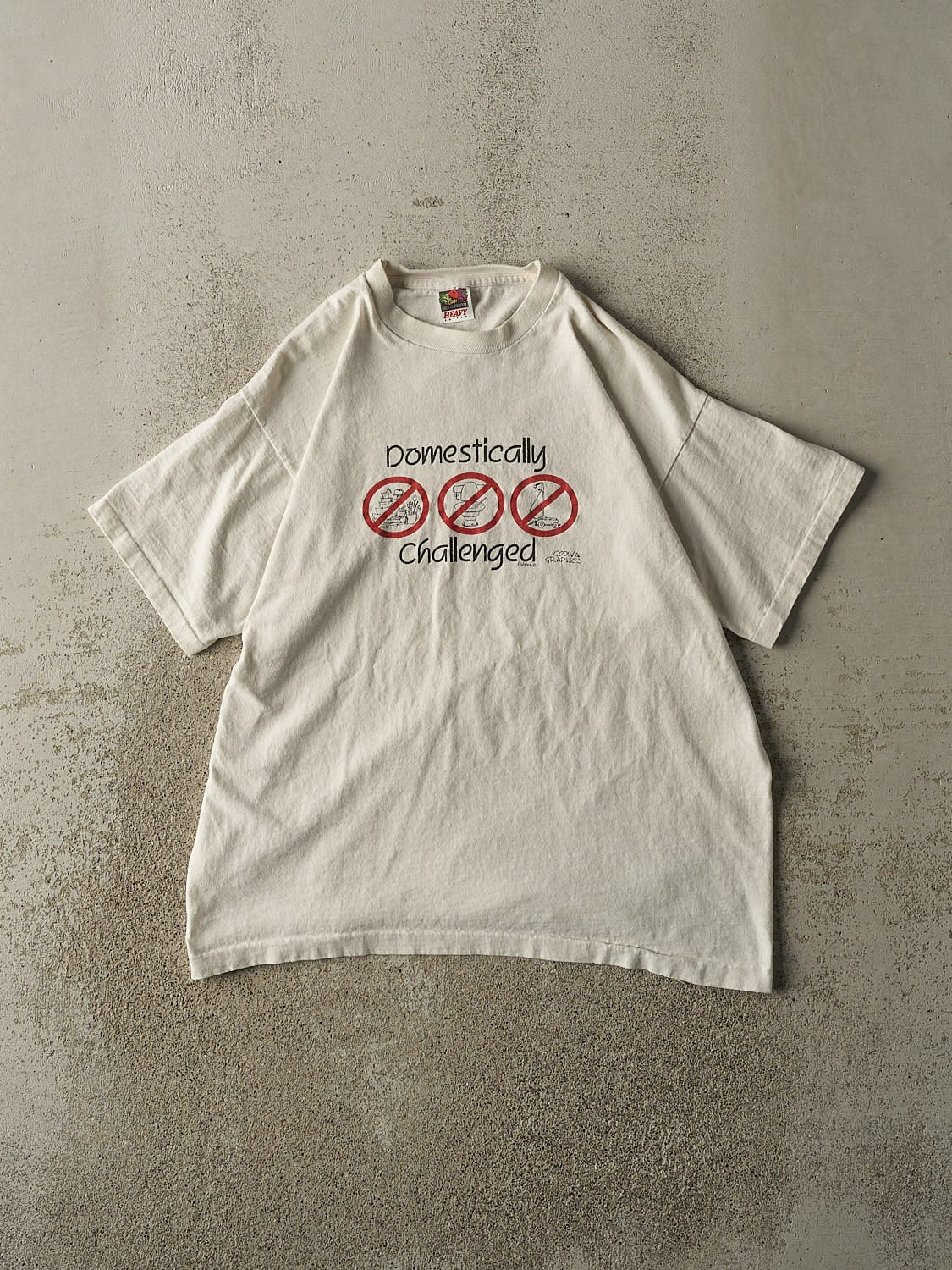 Vintage 90s White "Domestically Challenged" Slogan Tee (M/L)