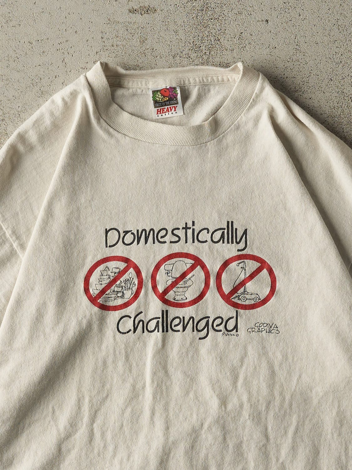 Vintage 90s White "Domestically Challenged" Slogan Tee (M/L)