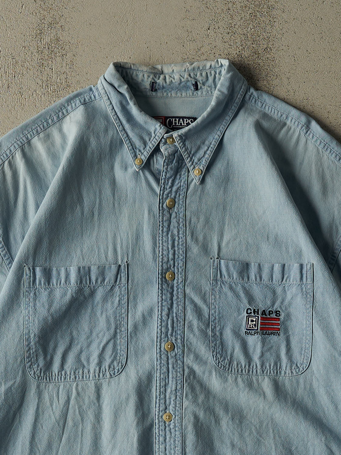 Vintage 90s Light Wash Chaps Ralph Lauren Button Up Tee (XL/XXL)