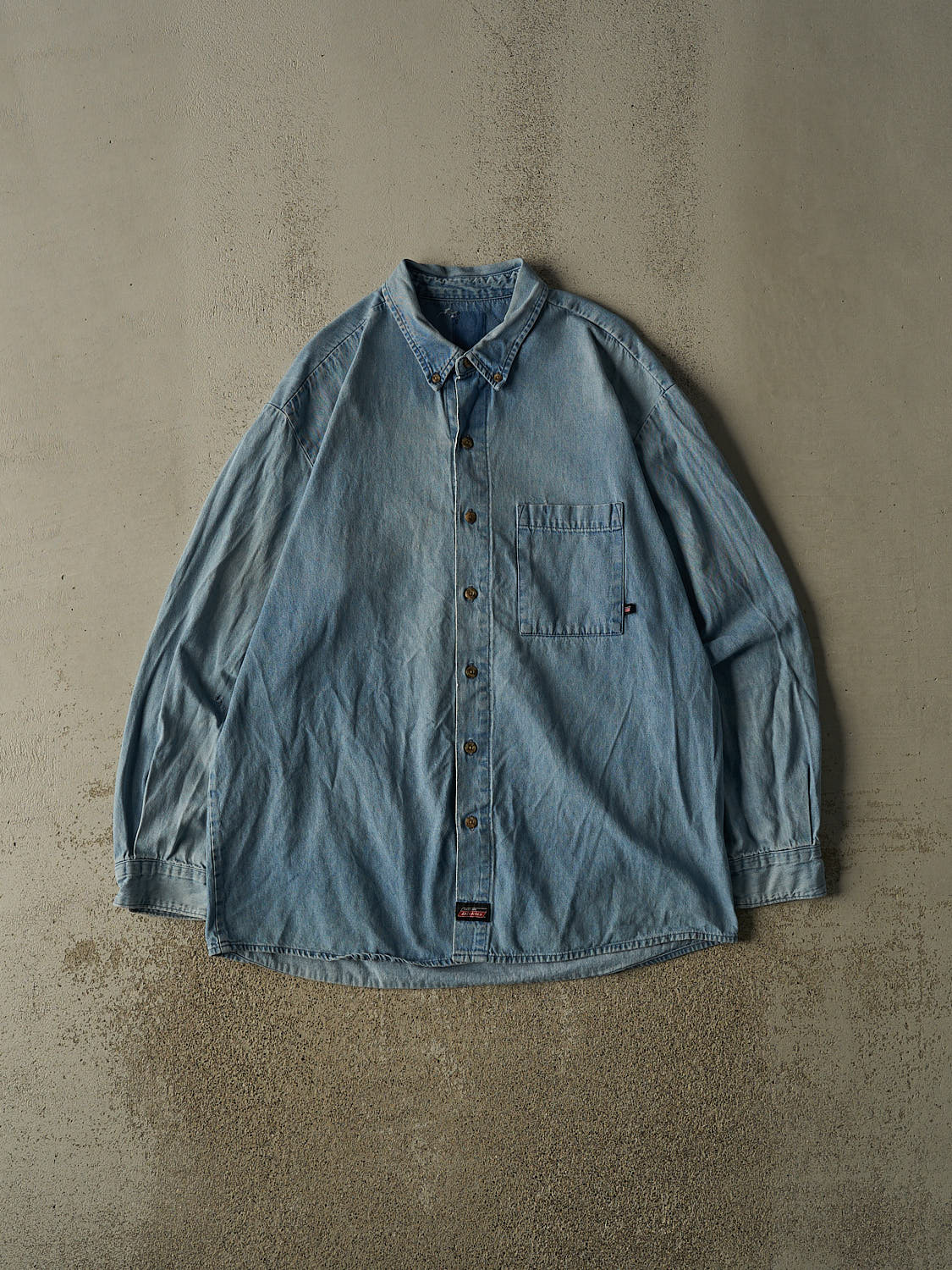 Vintage Y2K Mid Wash Dickies Denim Button Up Long Sleeve (XL/XXL)