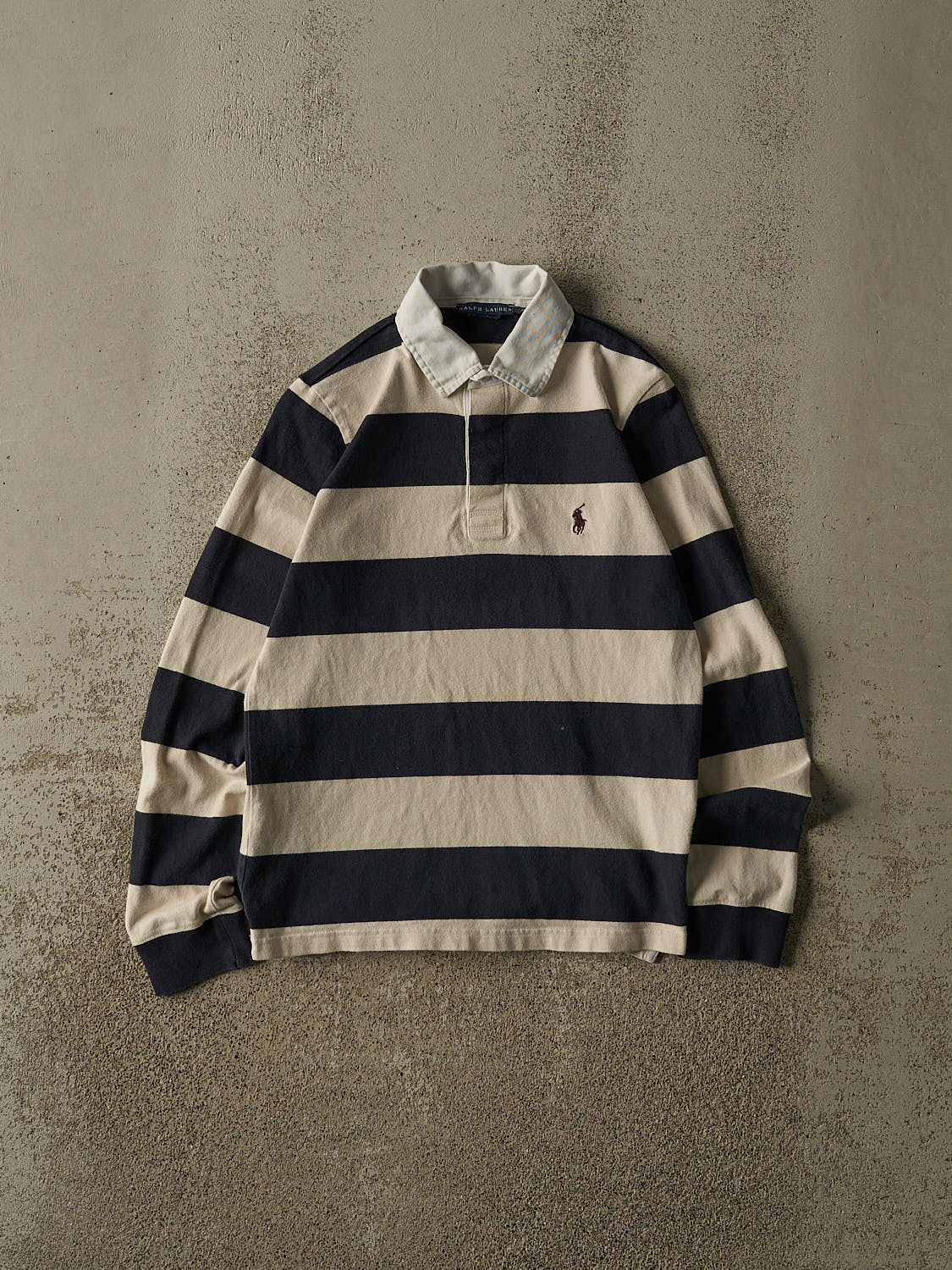 Vintage Y2K Beige Polo Striped Quarter Button Long Sleeve (XS)