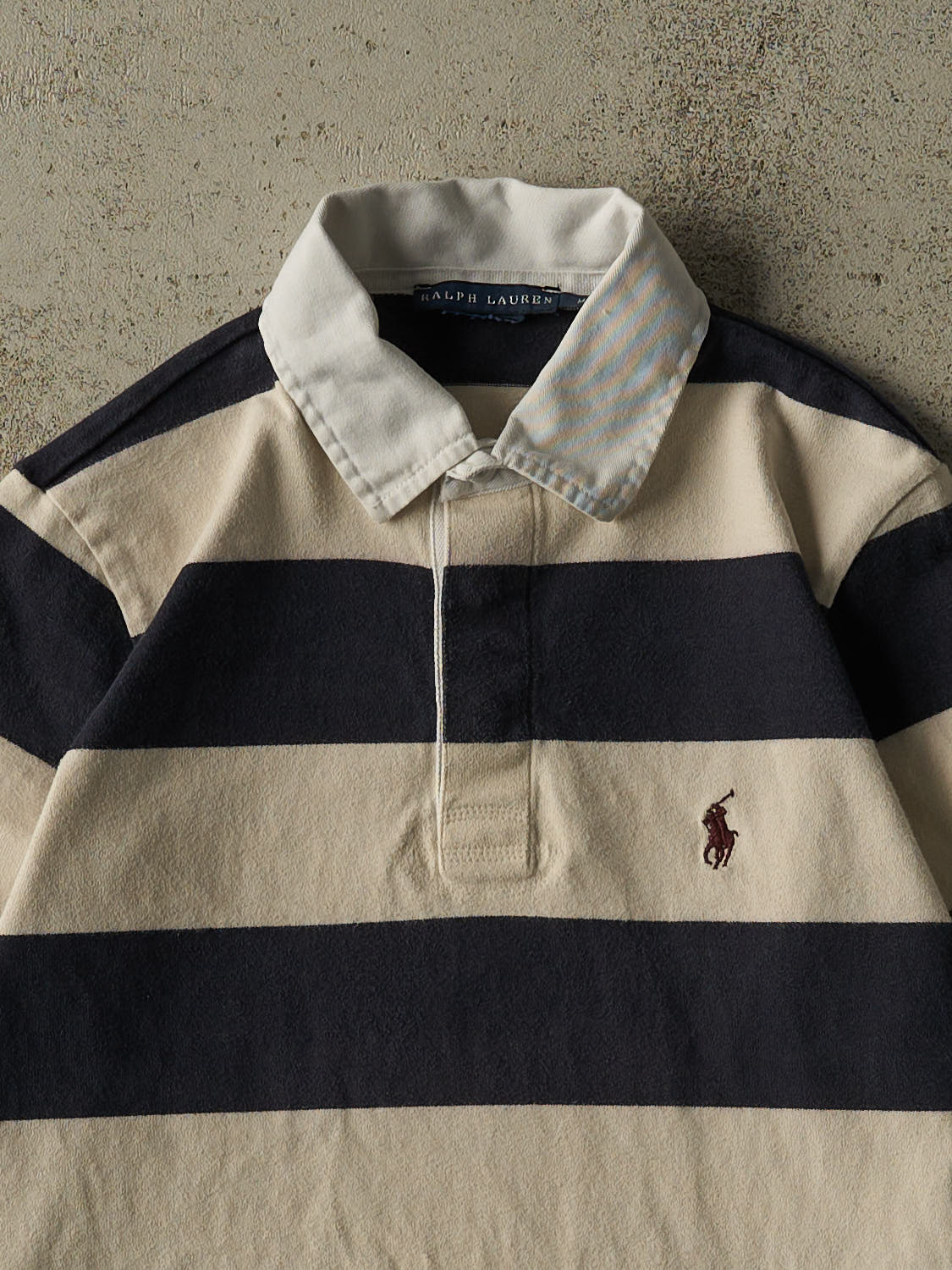 Vintage Y2K Beige Polo Striped Quarter Button Long Sleeve (XS)