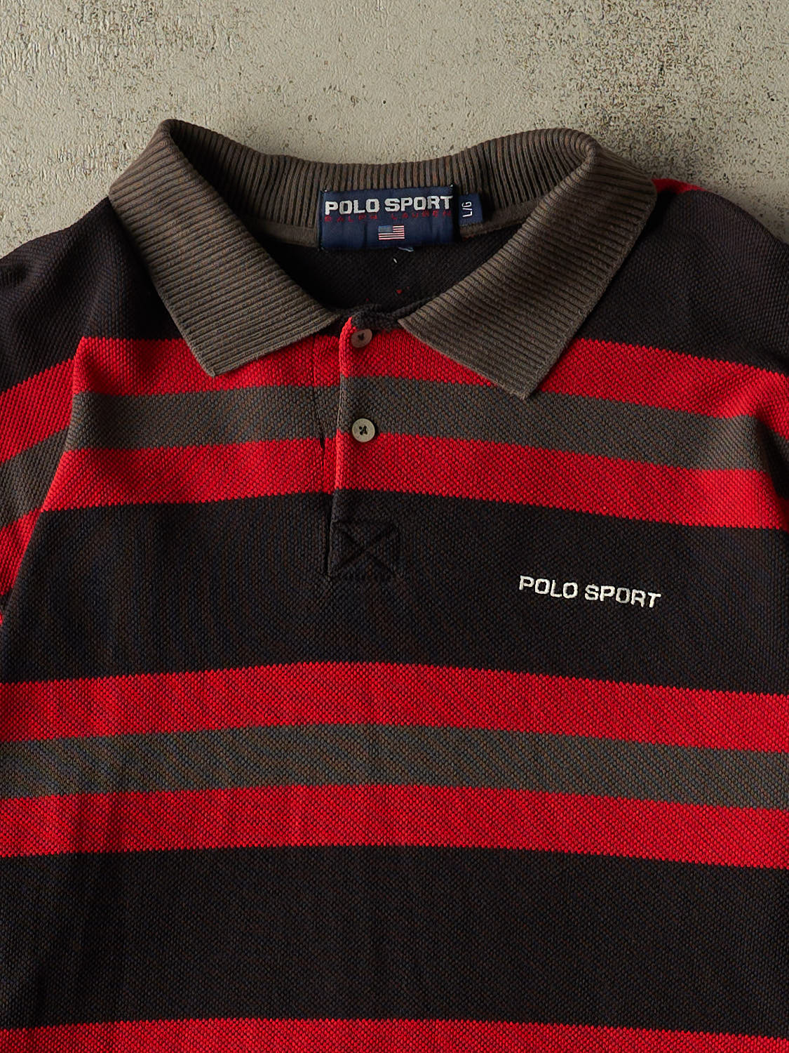Vintage 90s Red Polo Sport Striped Quarter Button Long Sleeve (L)