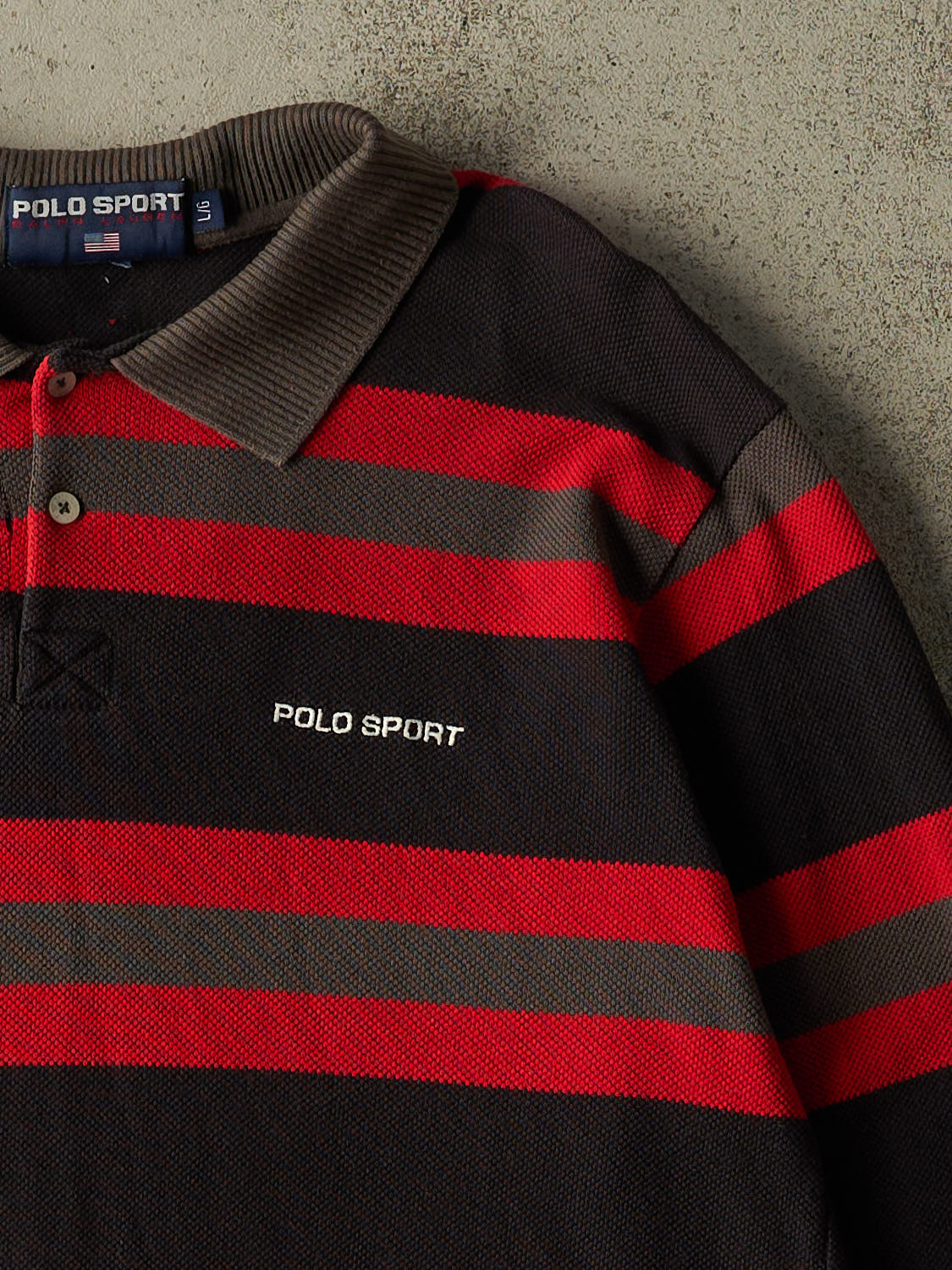 Vintage 90s Red Polo Sport Striped Quarter Button Long Sleeve (L)