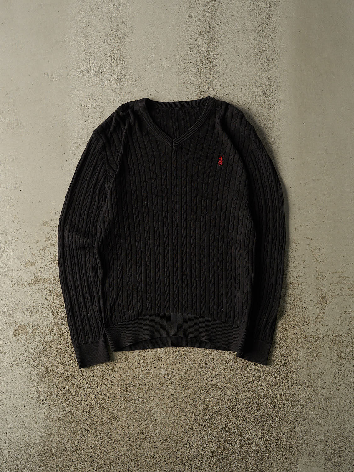 Vintage 90s Black Polo Cable Knit V Neck Sweater (M/L)