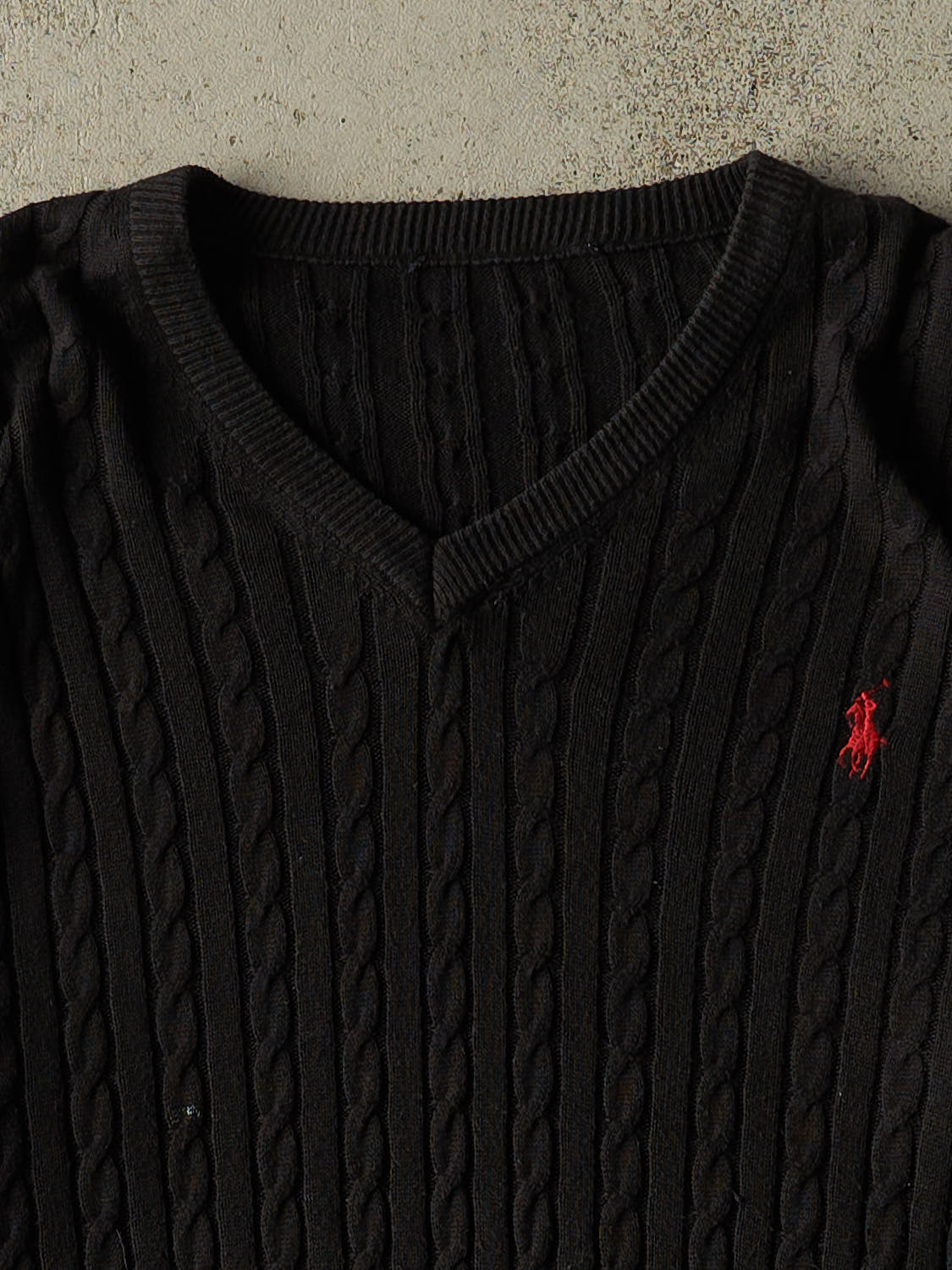 Vintage 90s Black Polo Cable Knit V Neck Sweater (M/L)