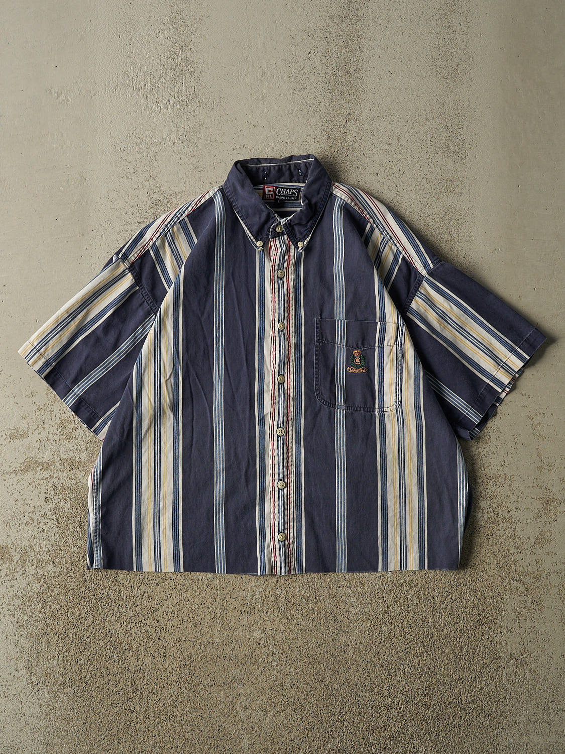 Vintage 90s Navy Blue Chaps Ralph Lauren Striped Button Up Cropped Tee (M/L)