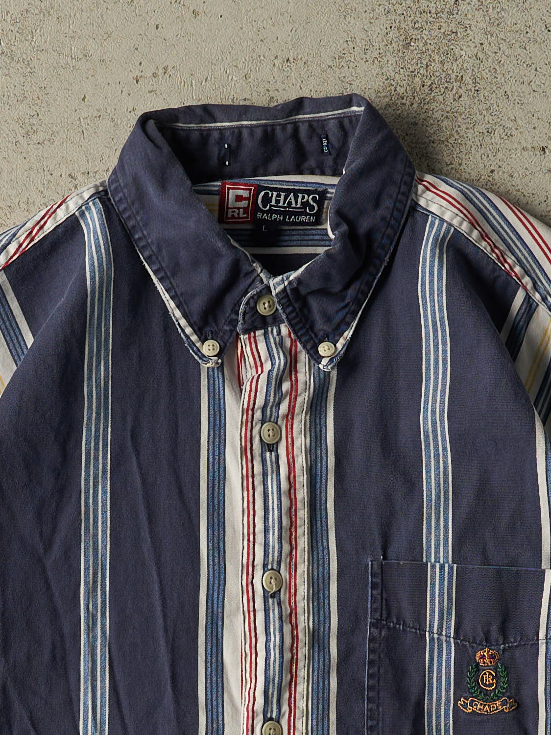 Vintage 90s Navy Blue Chaps Ralph Lauren Striped Button Up Cropped Tee (M/L)