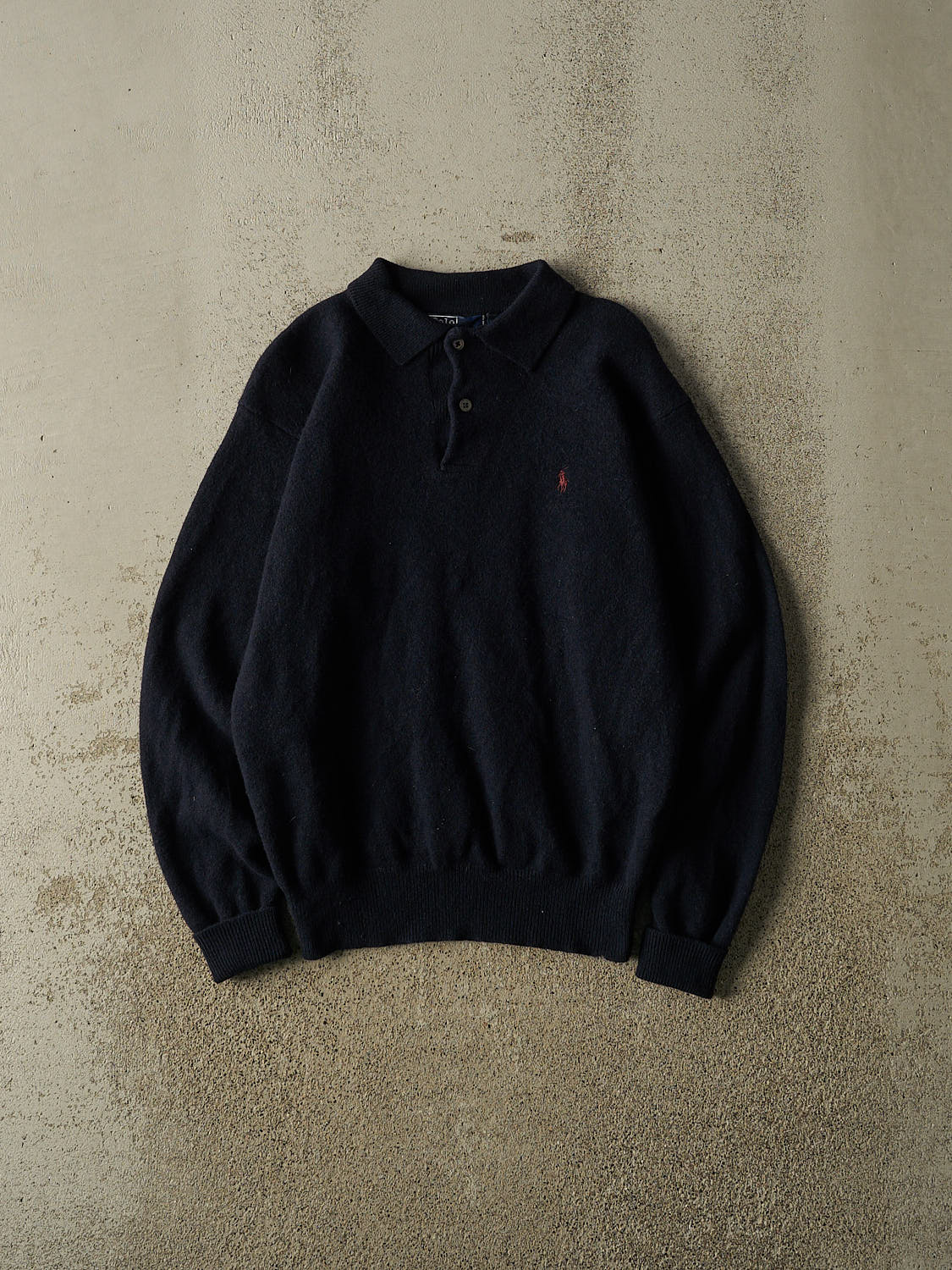 Vintage 90s Navy Blue Polo Lambswool Quarter Button Knit (S)