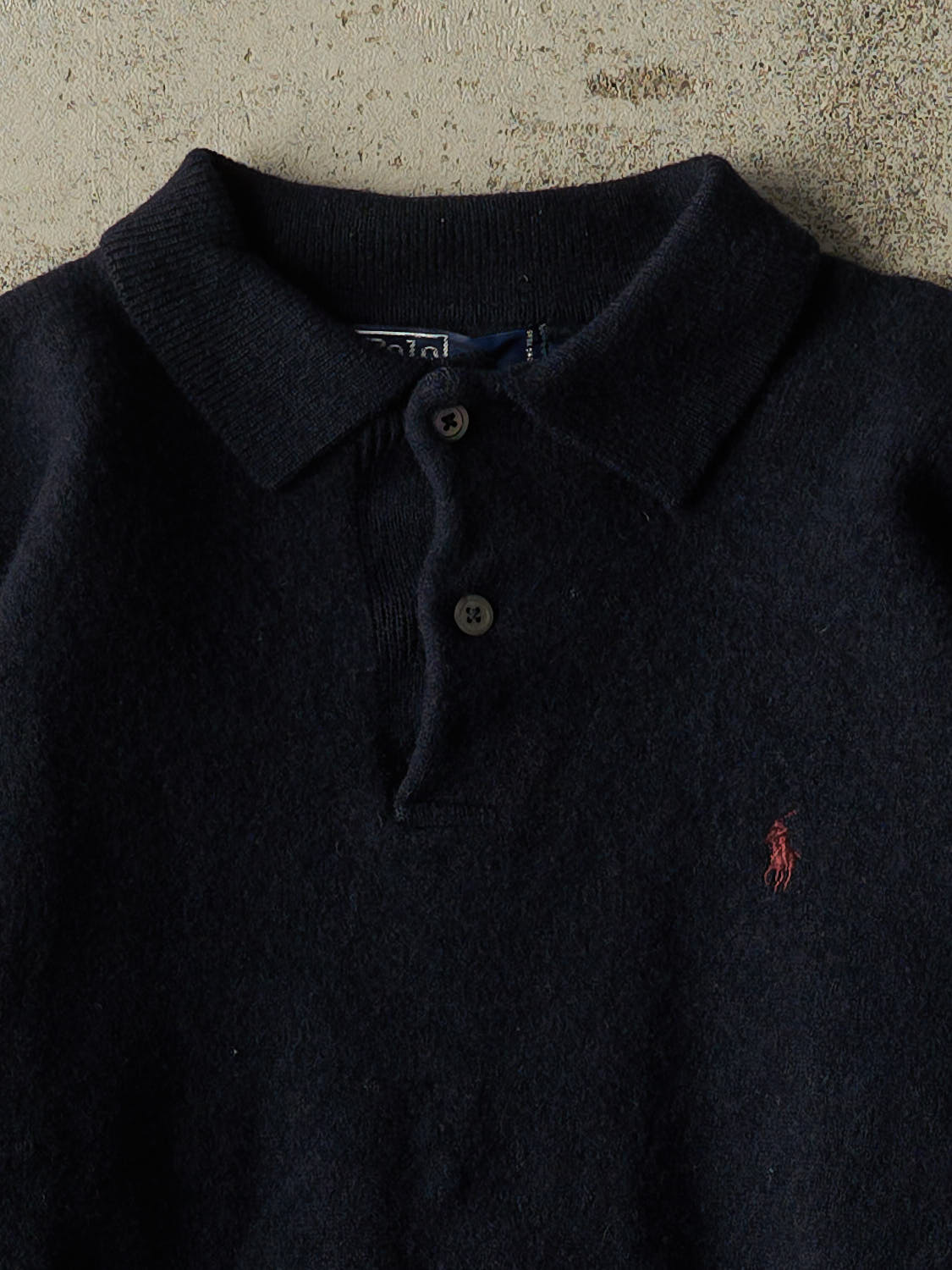 Vintage 90s Navy Blue Polo Lambswool Quarter Button Knit (S)