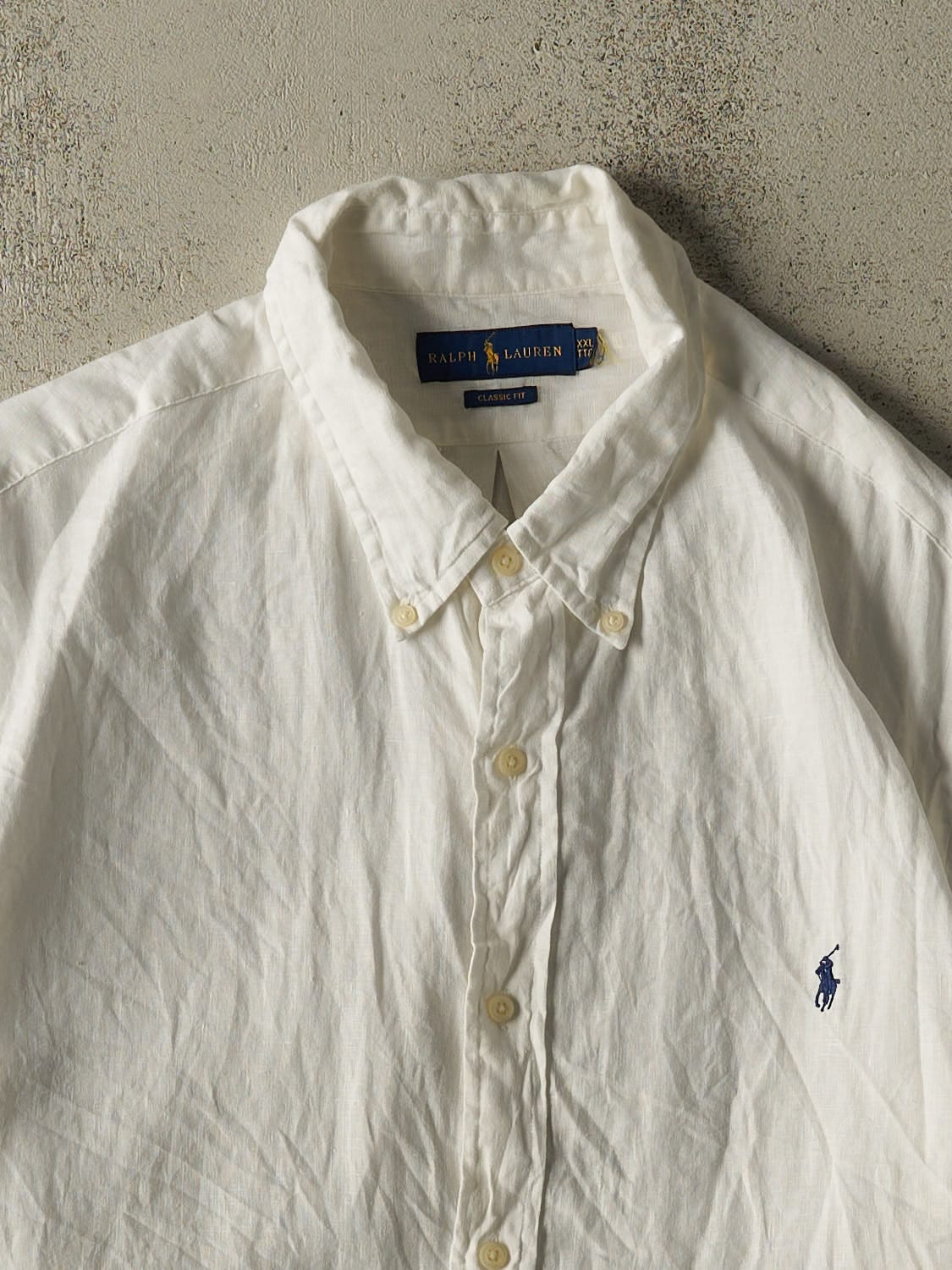 Vintage Y2K White Polo Ralph Lauren Linen Button Up Tee (XXL/XXXL)