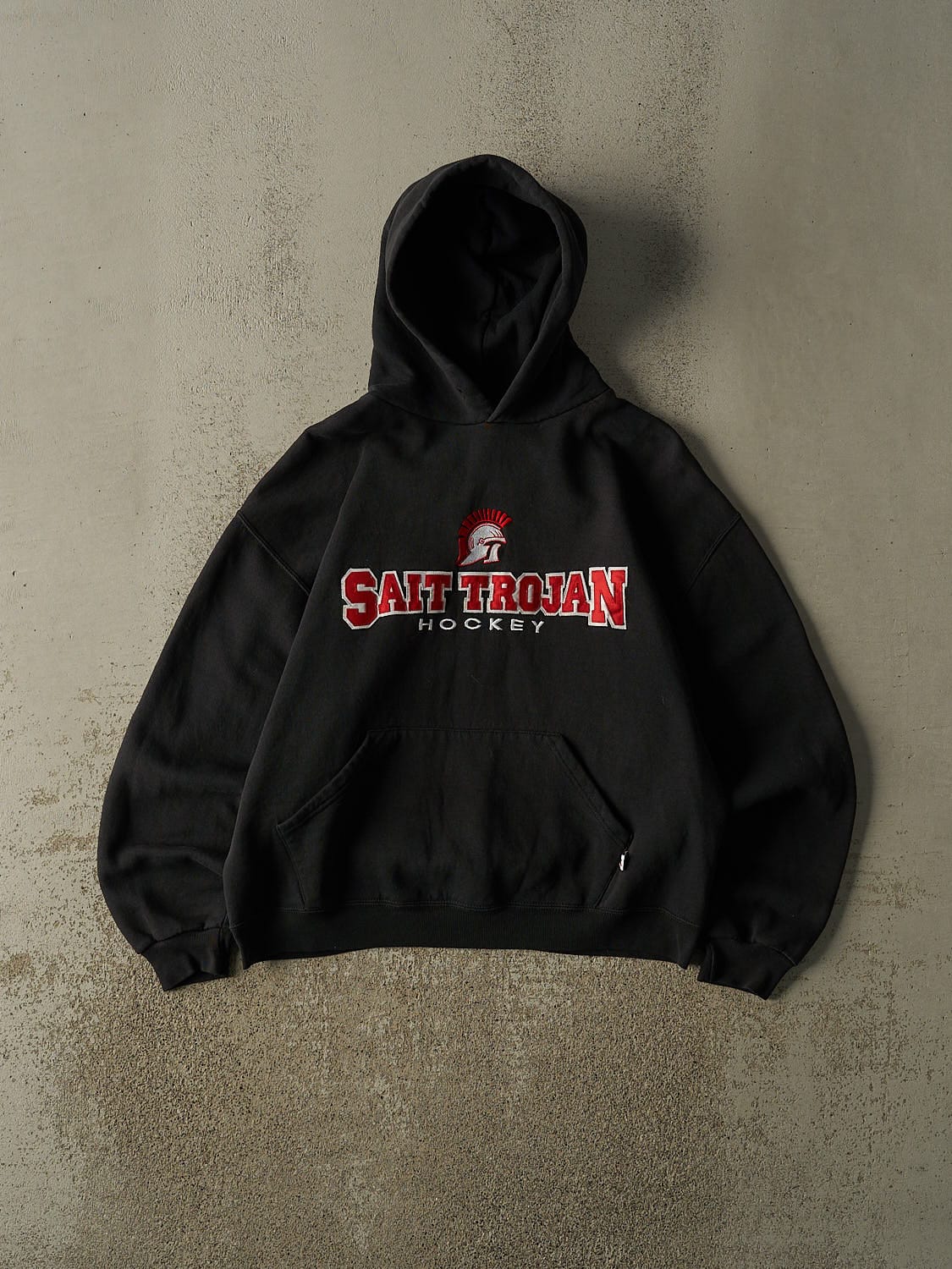 Vintage 90s Black Russell Athletic Sait Trojan Hockey Hoodie (S/M)